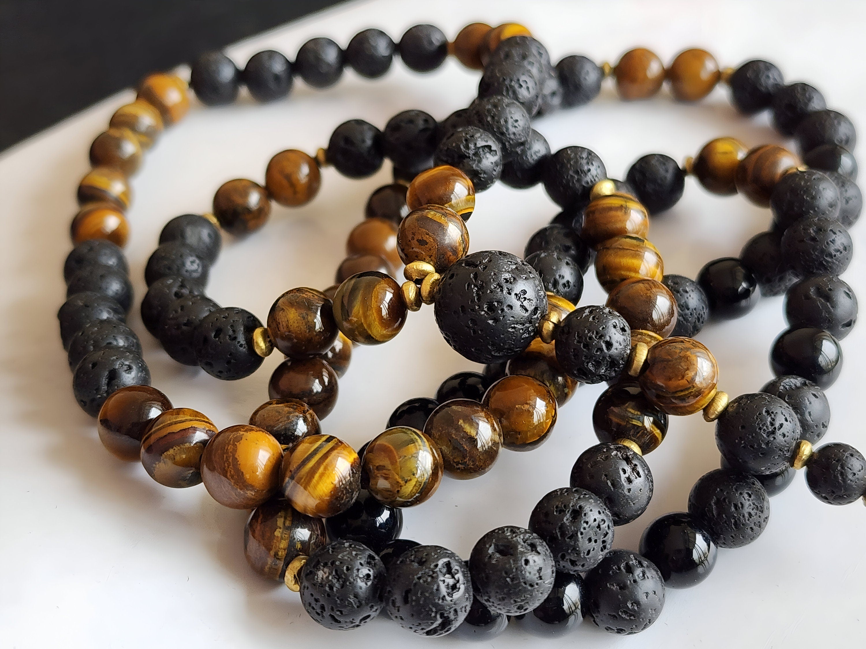 Tiger Eye Lava Stone Necklace: Men's Beaded Talisman