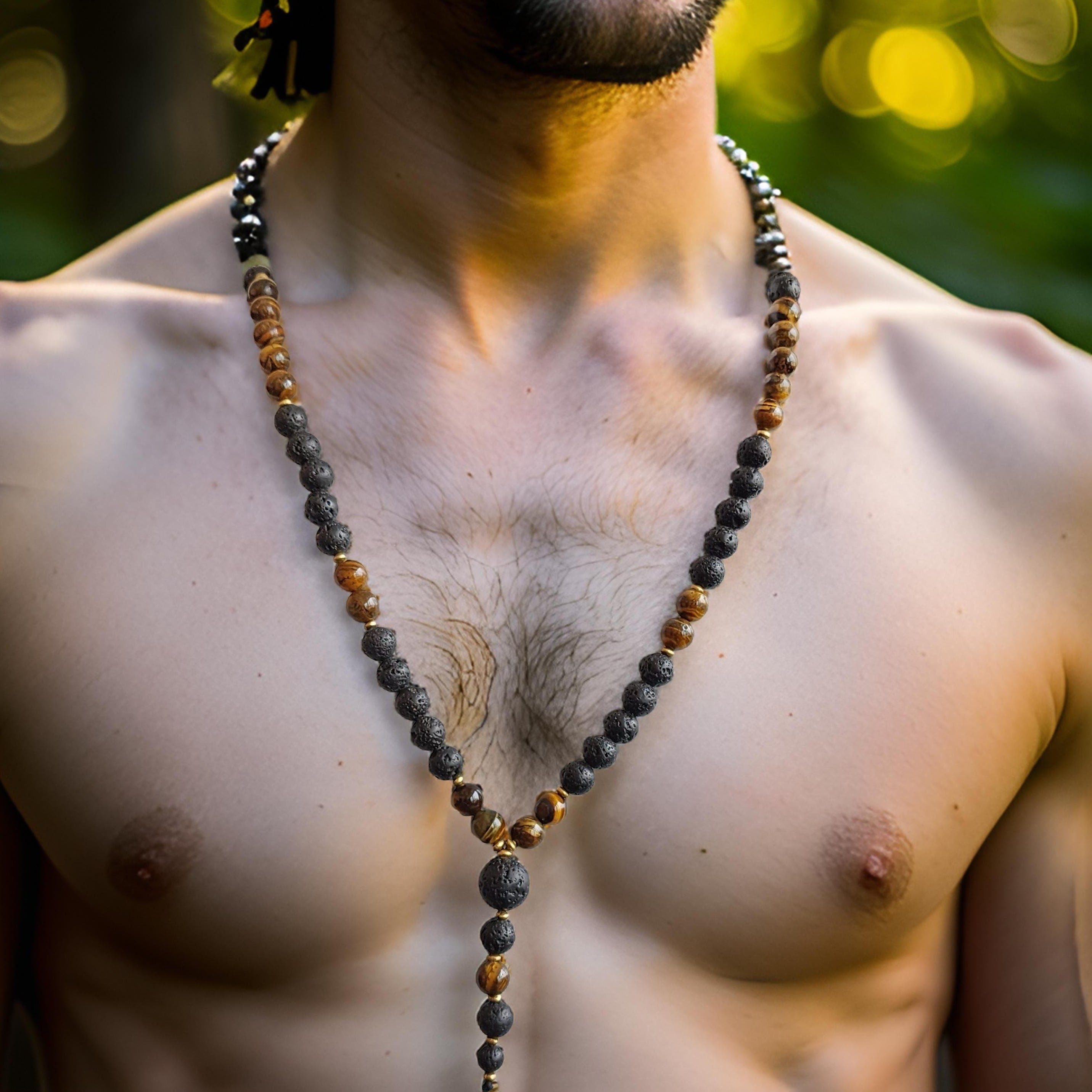 Tiger Eye Lava Stone Necklace: Men's Beaded Talisman