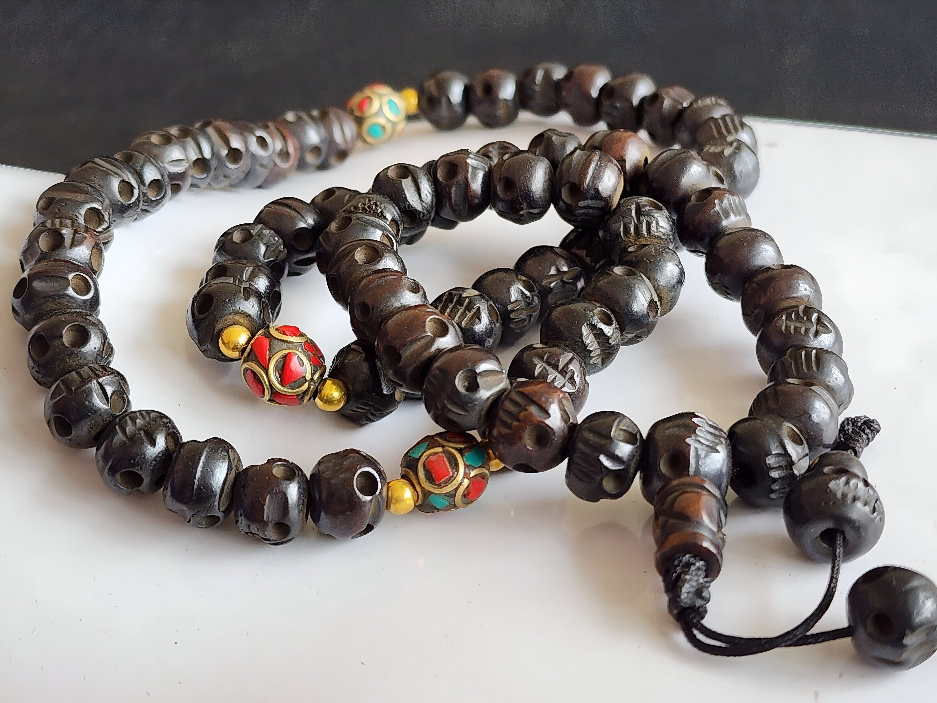 Kali Skull Bone Mala - Tibetan Hand Carved Buddhist Necklace