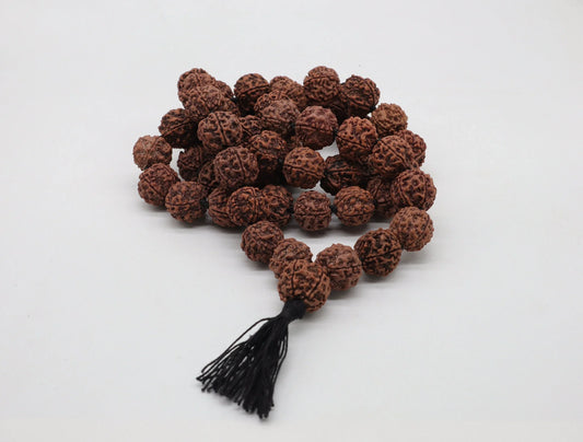 Authentic brown Rudraksha bead mala with a black tassel on a white background