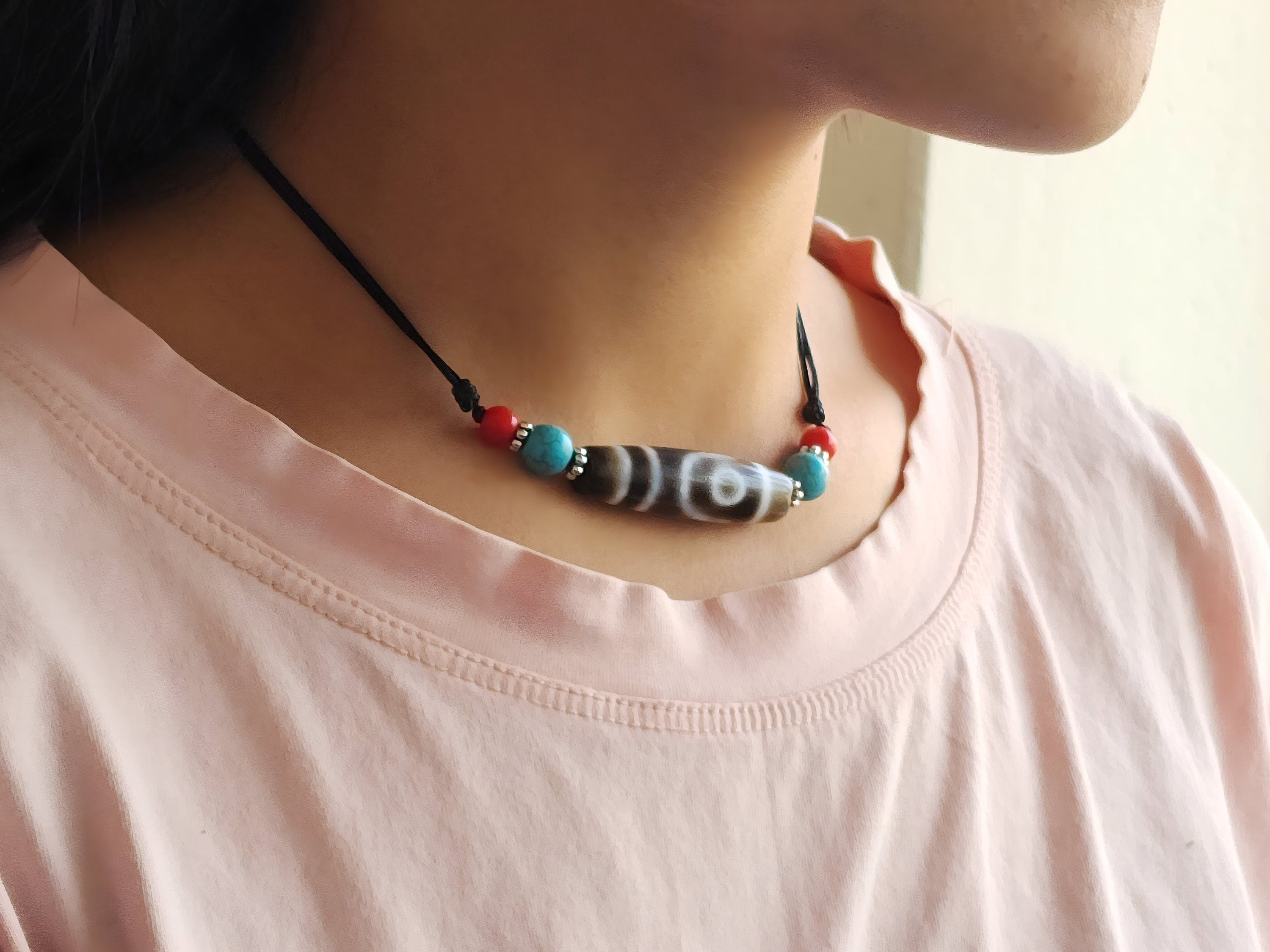 Tibetan Agate Dzi Bead Pendant: Sacred Amulet Necklace