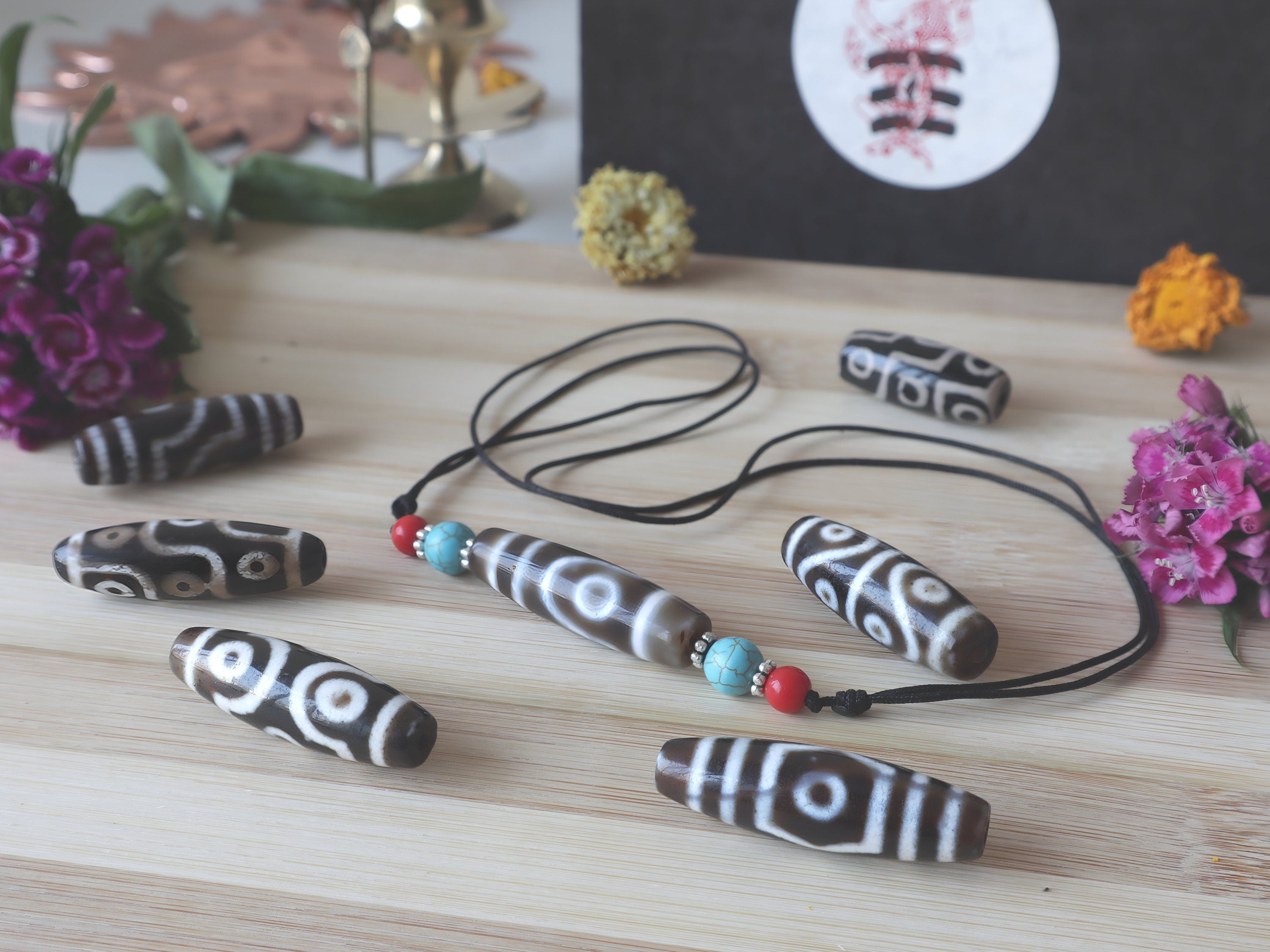 Tibetan Agate Dzi Bead Pendant: Sacred Amulet Necklace