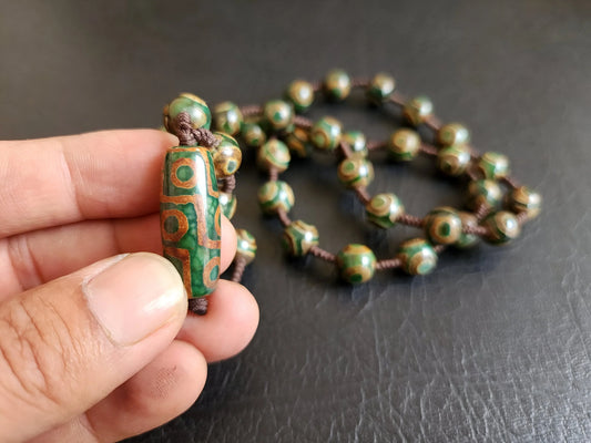 Tibetan 9 Eye Dzi Agate Necklace: Yin Yang Protection Mala, Spiritual Well-Being