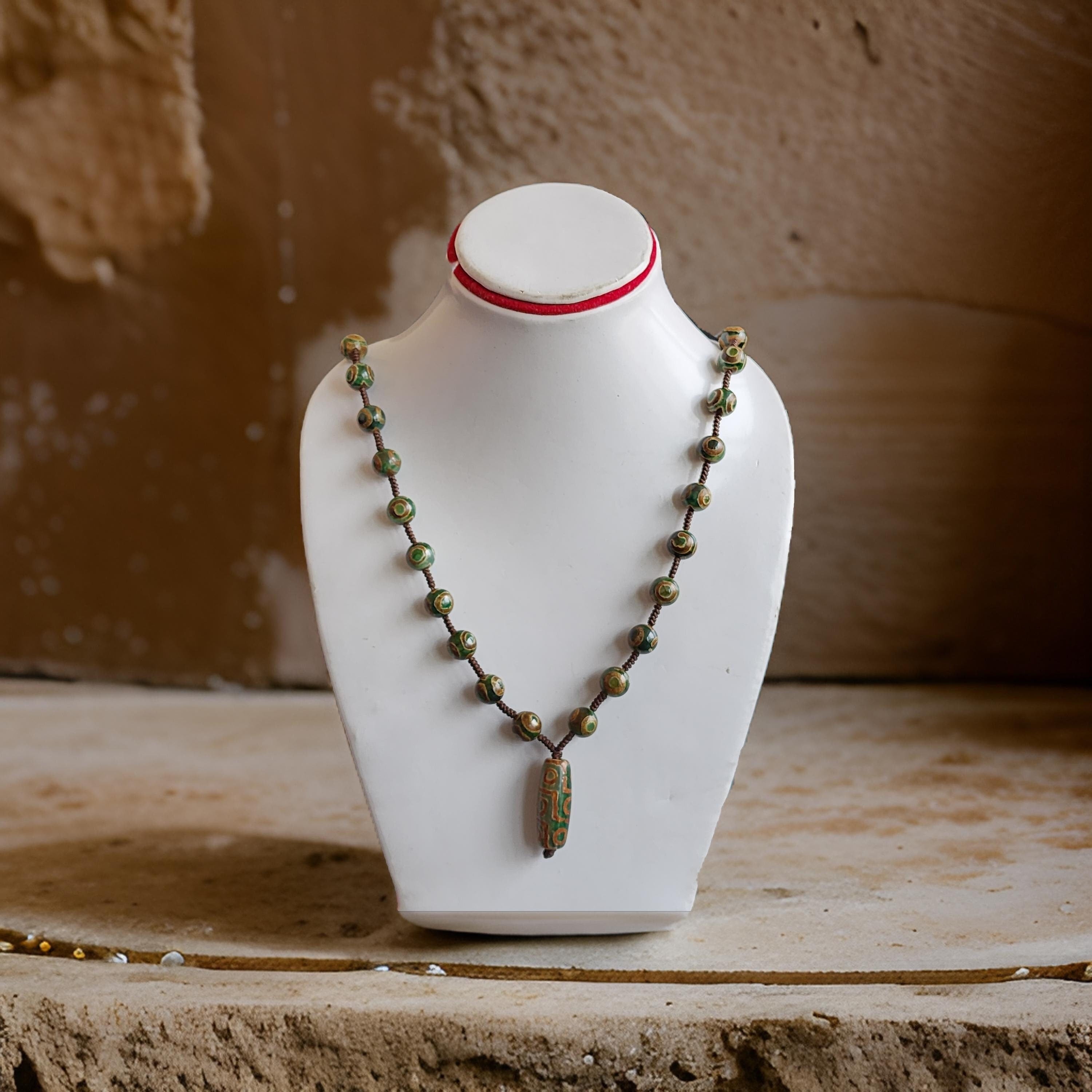 Tibetan 9 Eye Dzi Agate Necklace: Yin Yang Protection Mala, Spiritual Well-Being