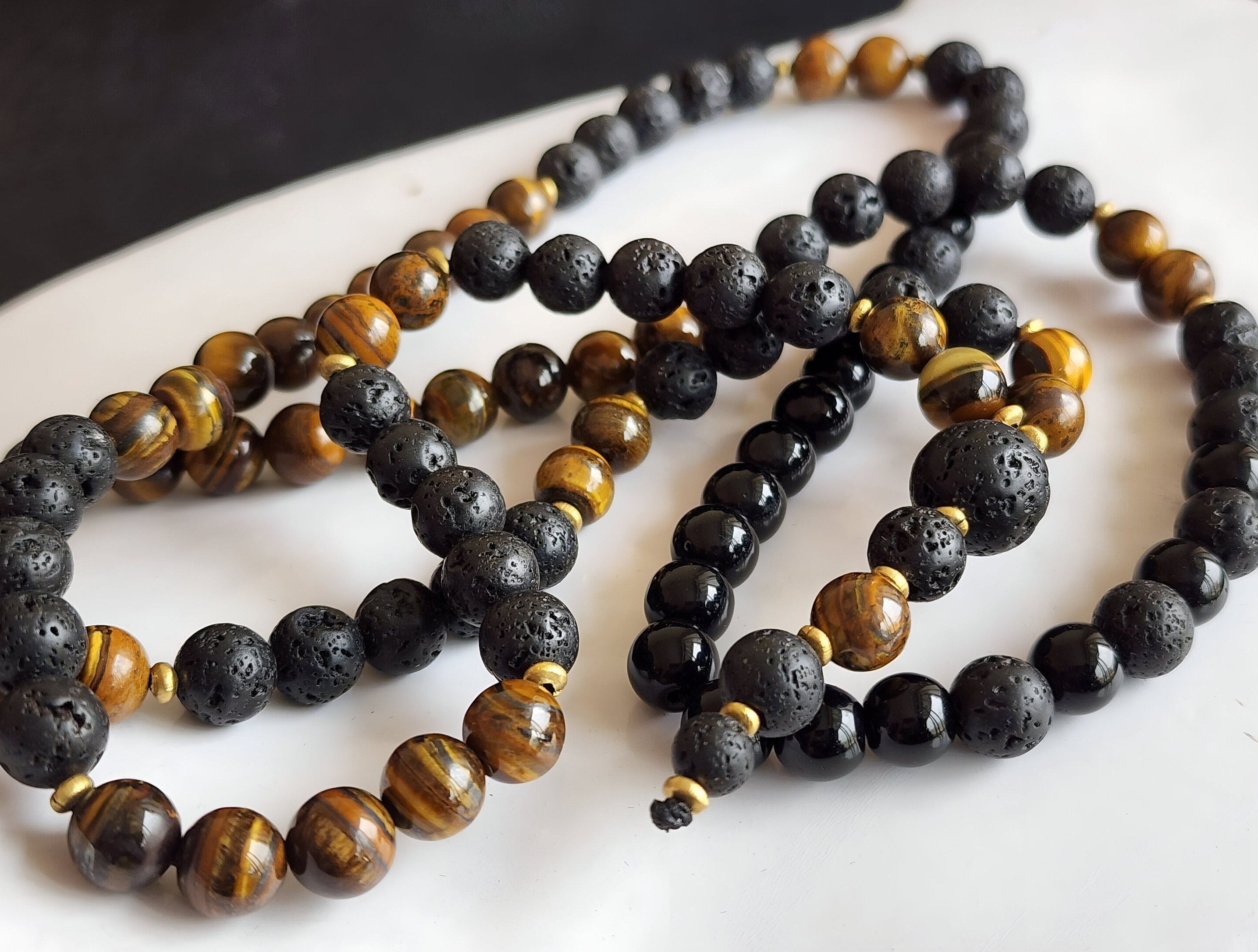 Tiger Eye Lava Stone Necklace: Men's Beaded Talisman