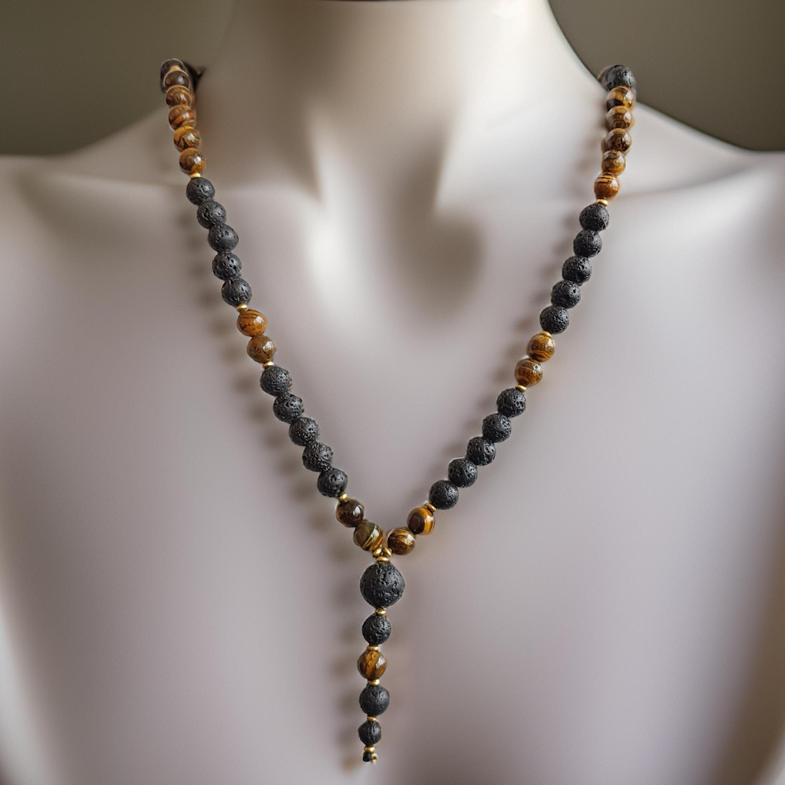 Tiger Eye Lava Stone Necklace: Men's Beaded Talisman