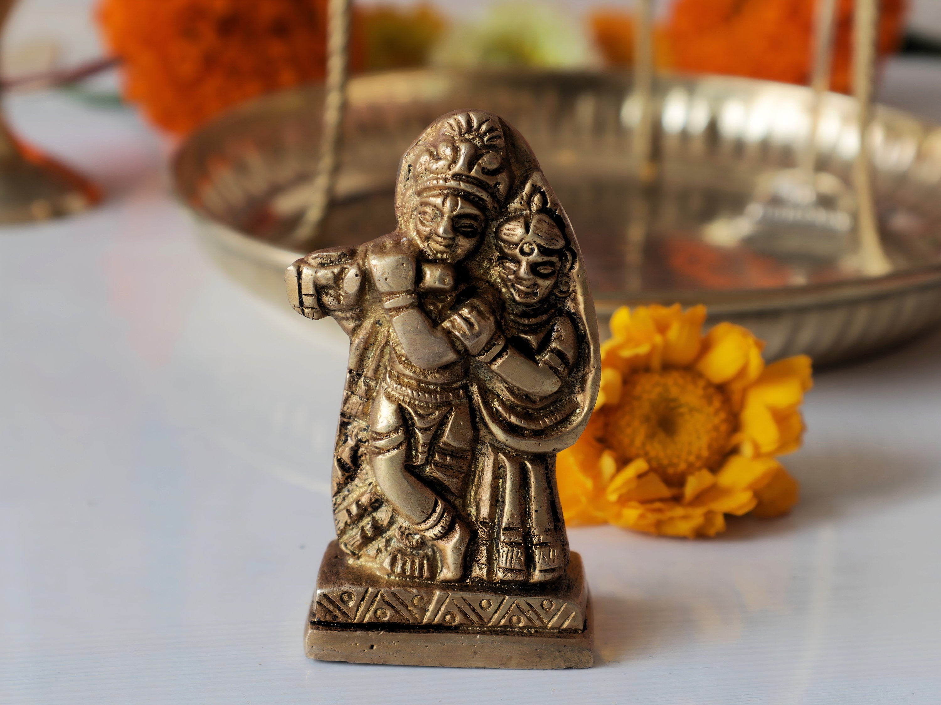 Radha Krishna Worship Set: Brass Idol, Tulsi Mala, Yantra