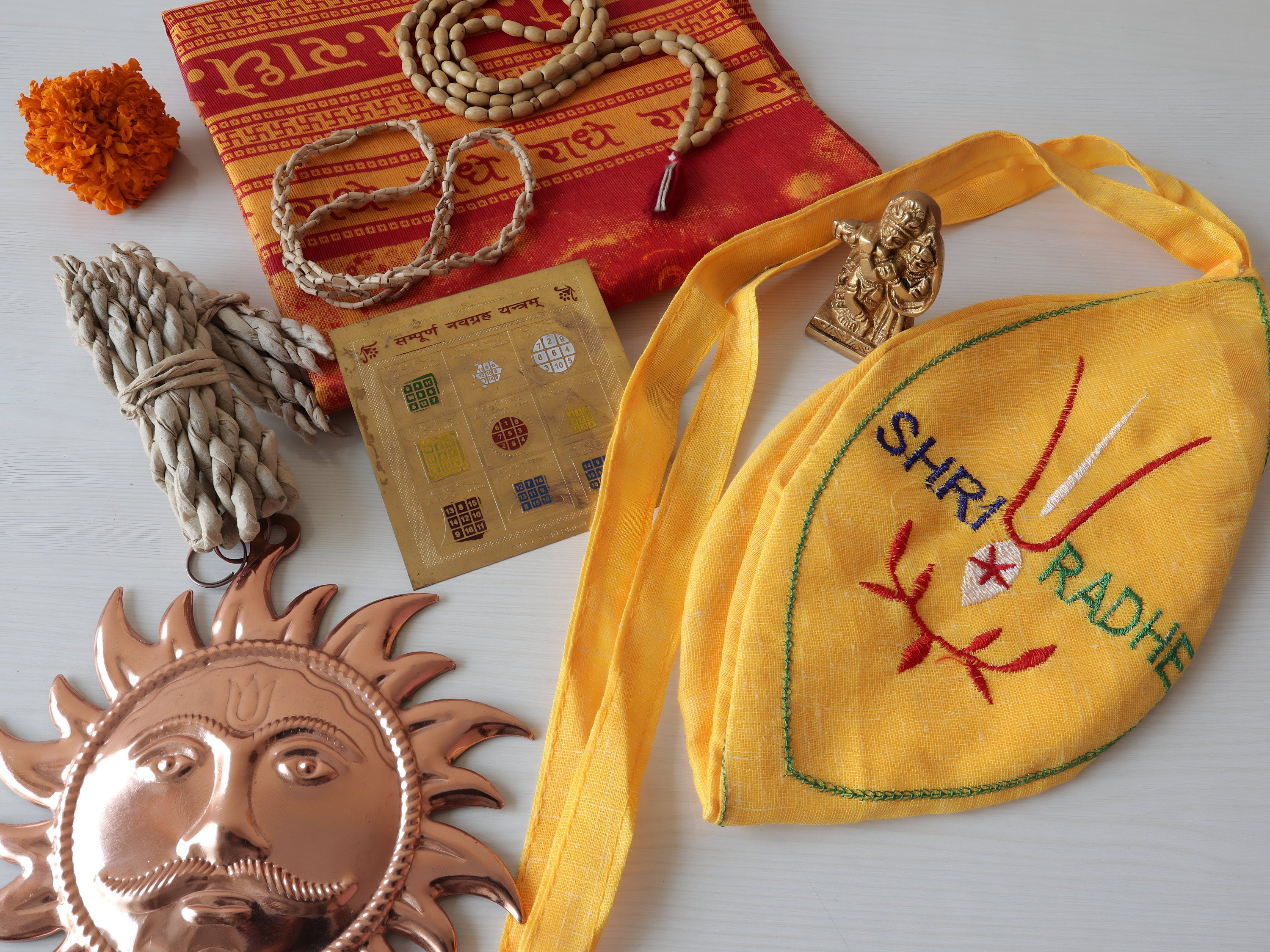 Radha Krishna Worship Set: Brass Idol, Tulsi Mala, Yantra