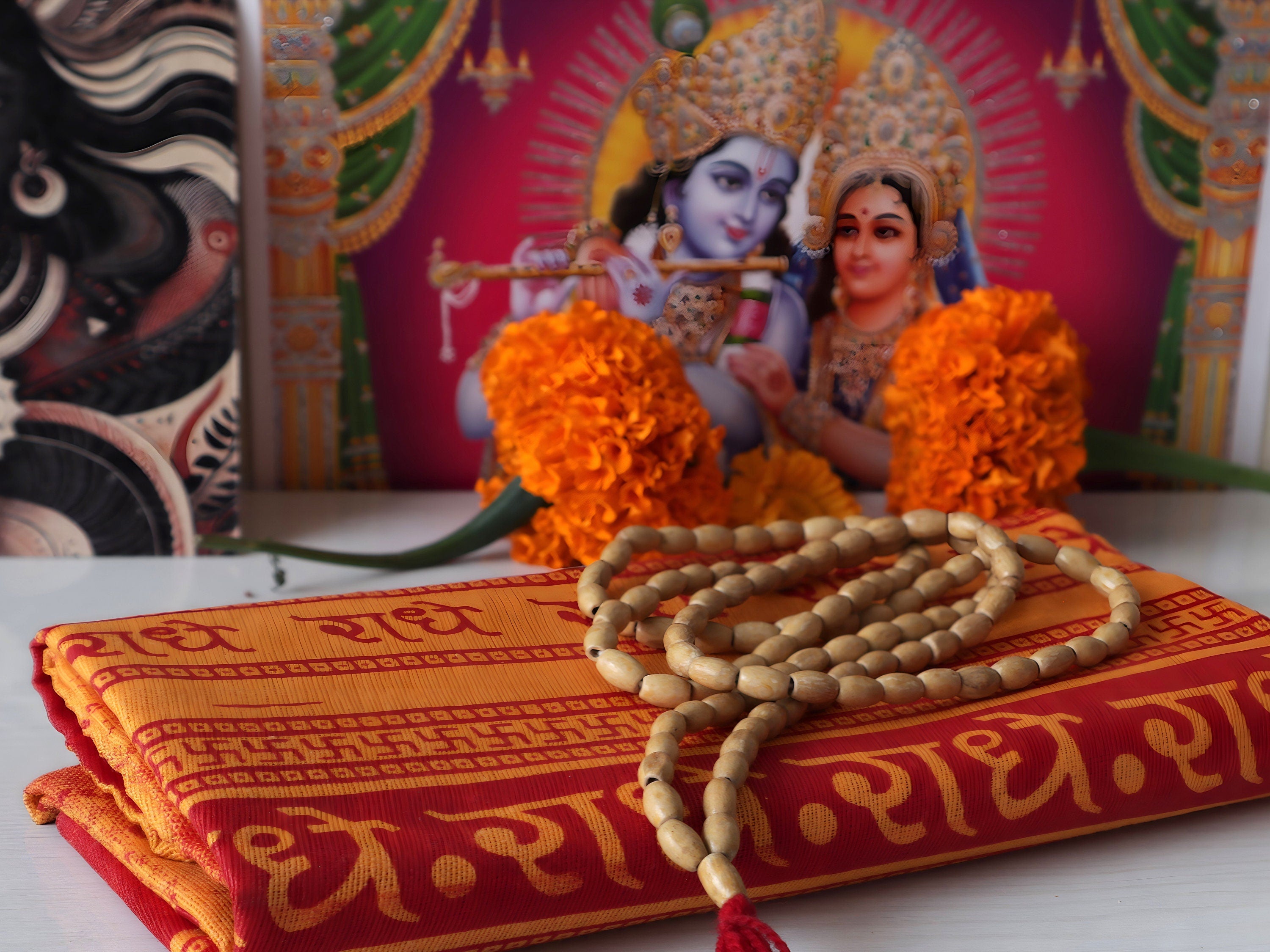 Radha Krishna Worship Set: Brass Idol, Tulsi Mala, Yantra
