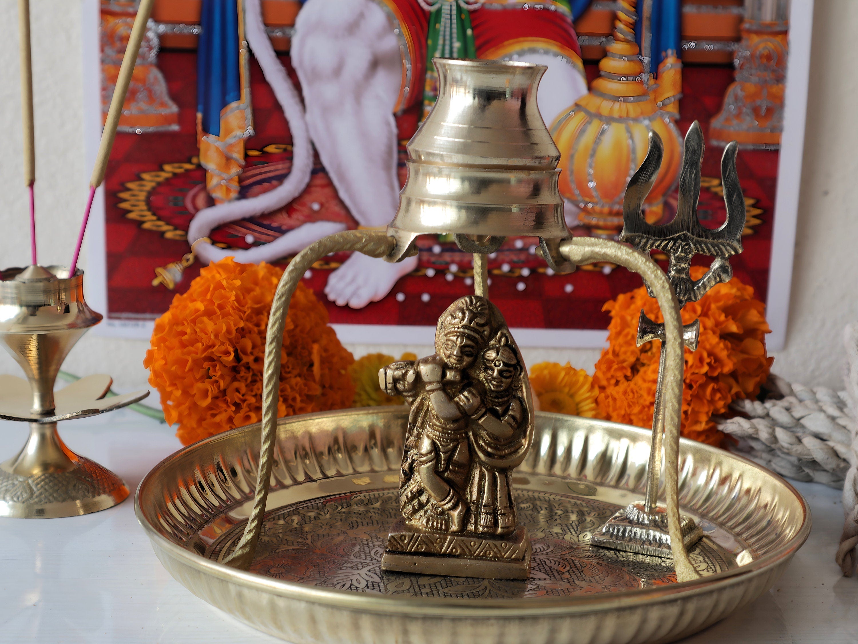Radha Krishna Worship Set: Brass Idol, Tulsi Mala, Yantra