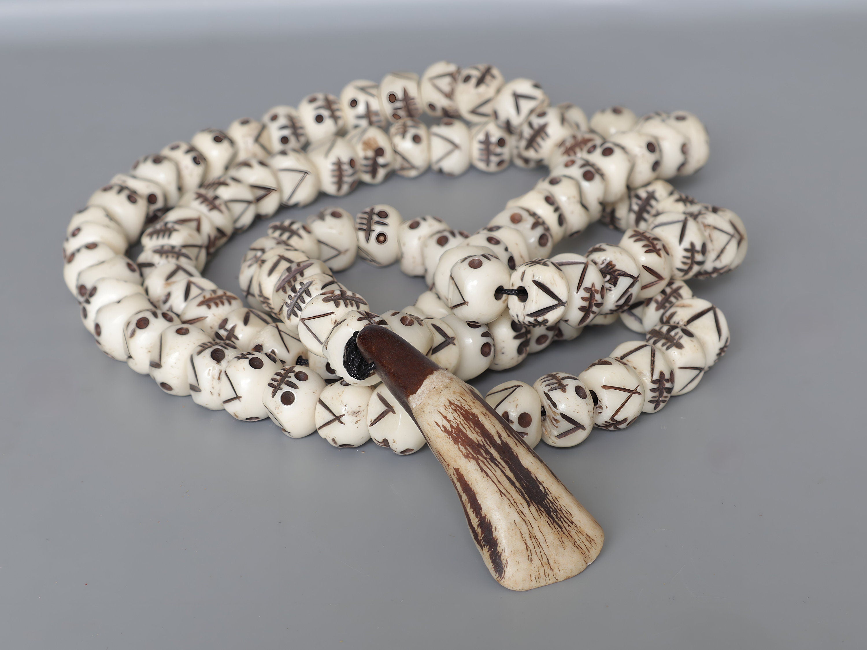 Tibetan Skull Mala: Hand-Carved Bone Prayer Beads, 21 Inch
