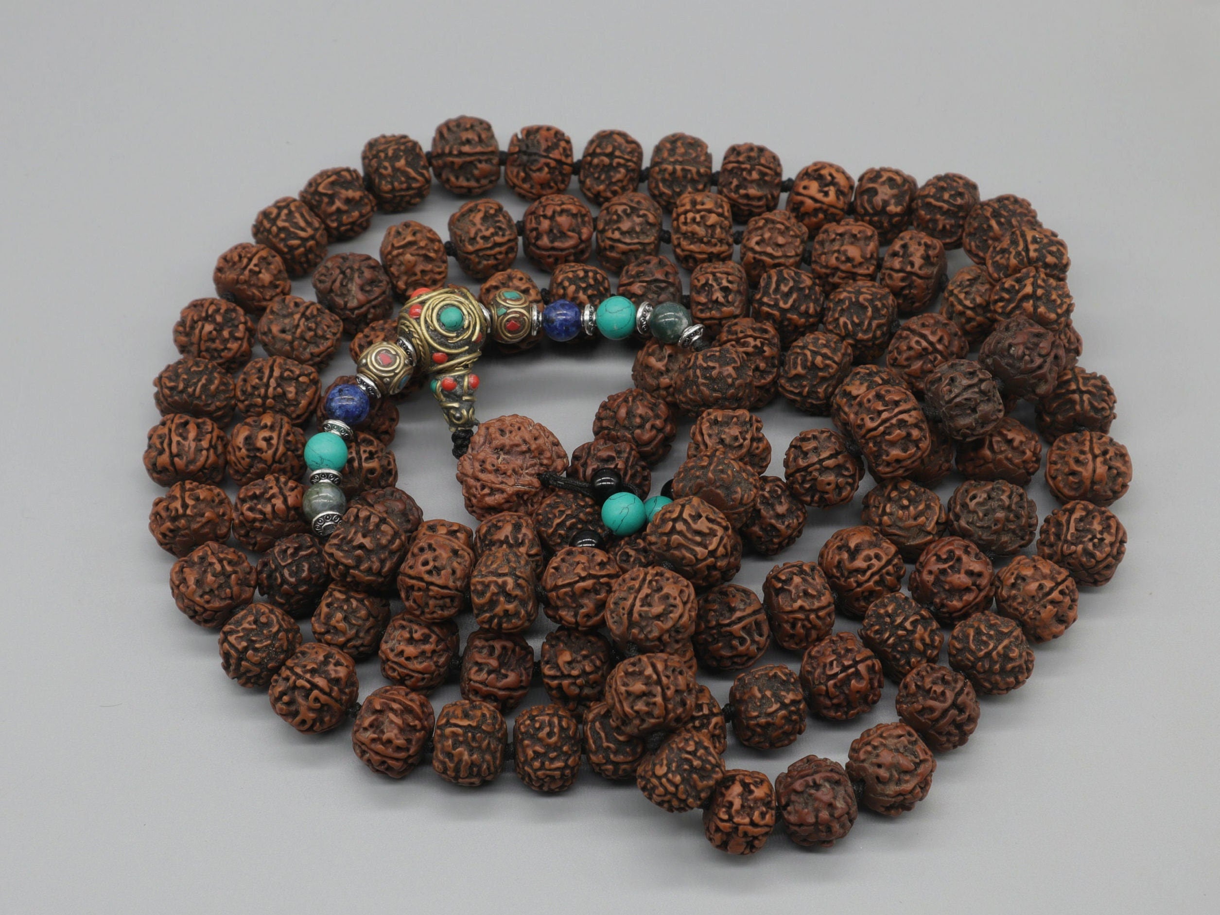 Tibetan Rudraksha Mala: Chakra Stone Japa Mala, 108 Beads