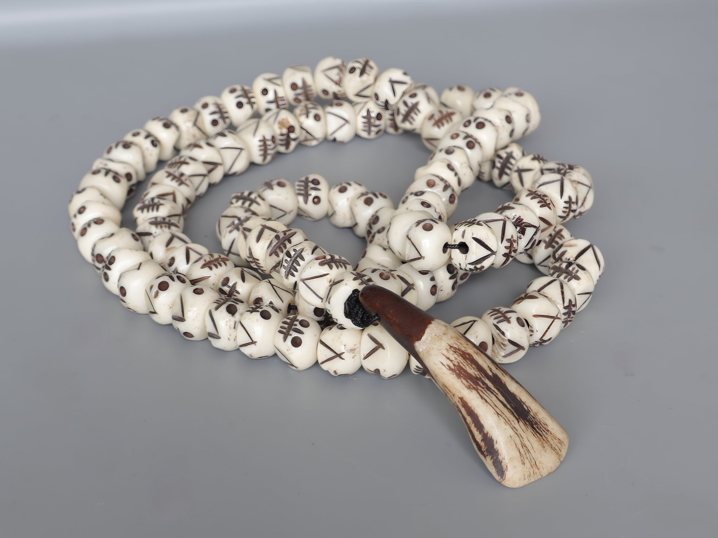 Tibetan Skull Mala: Hand-Carved Bone Prayer Beads, 21 Inch