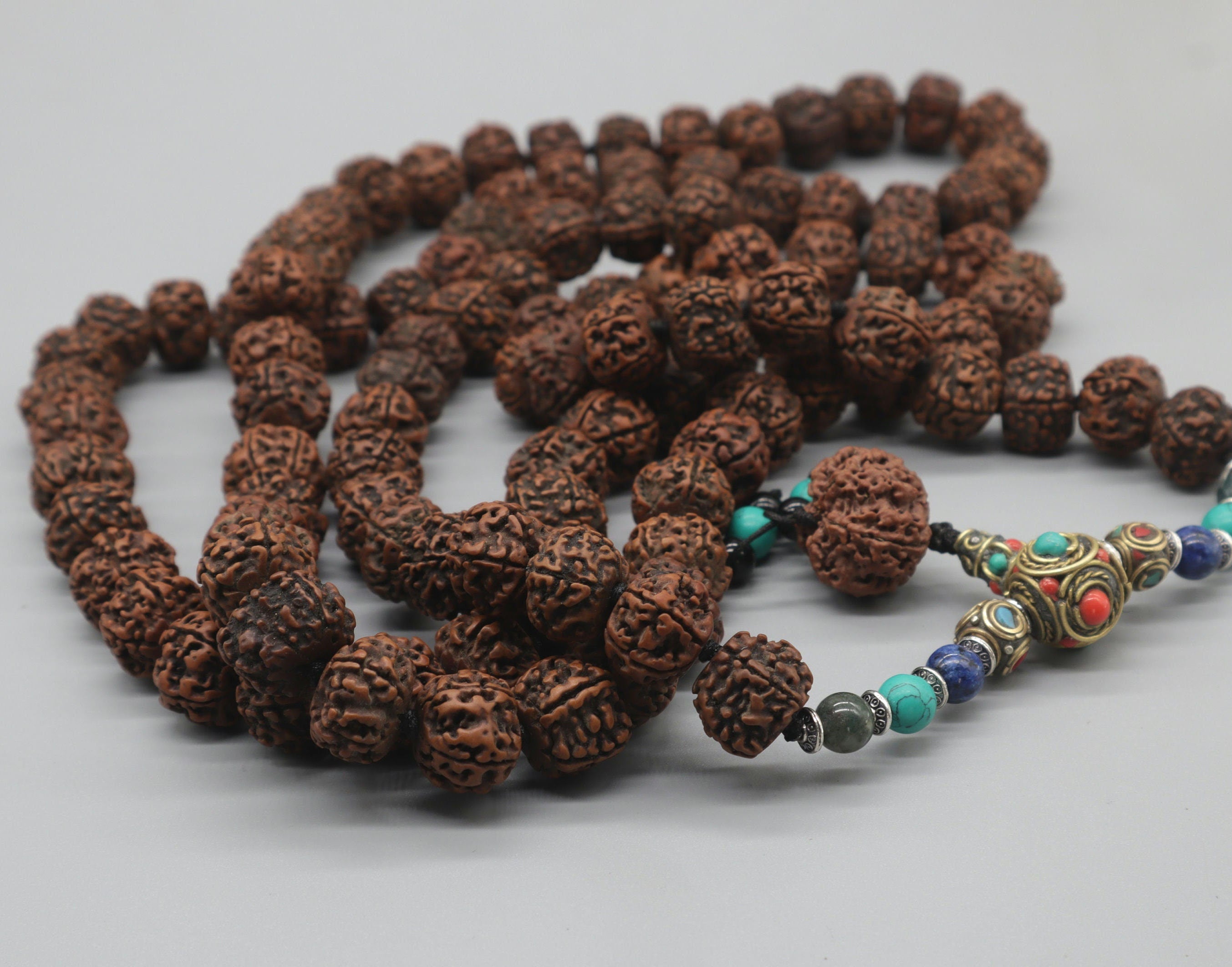 Tibetan Rudraksha Mala: Chakra Stone Japa Mala, 108 Beads