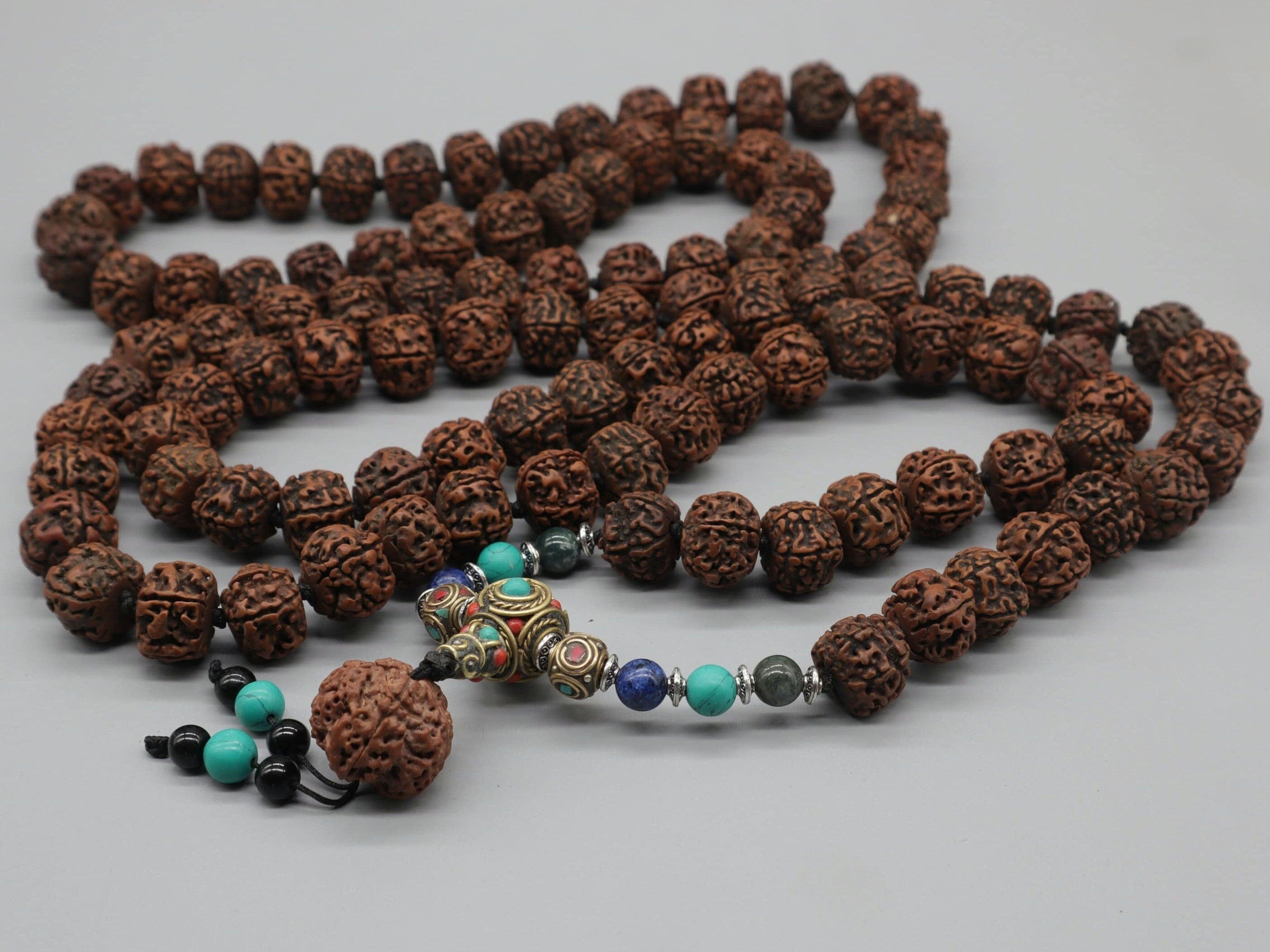 Tibetan Rudraksha Mala: Chakra Stone Japa Mala, 108 Beads