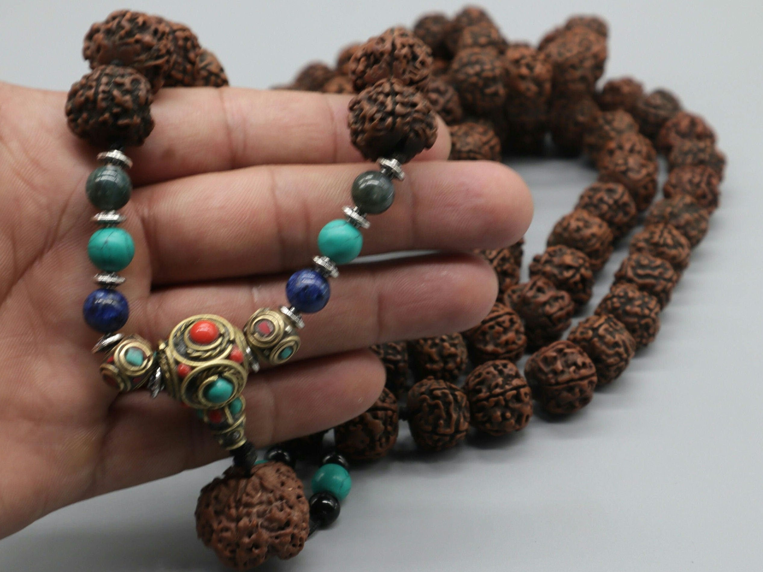 Tibetan Rudraksha Mala: Chakra Stone Japa Mala, 108 Beads