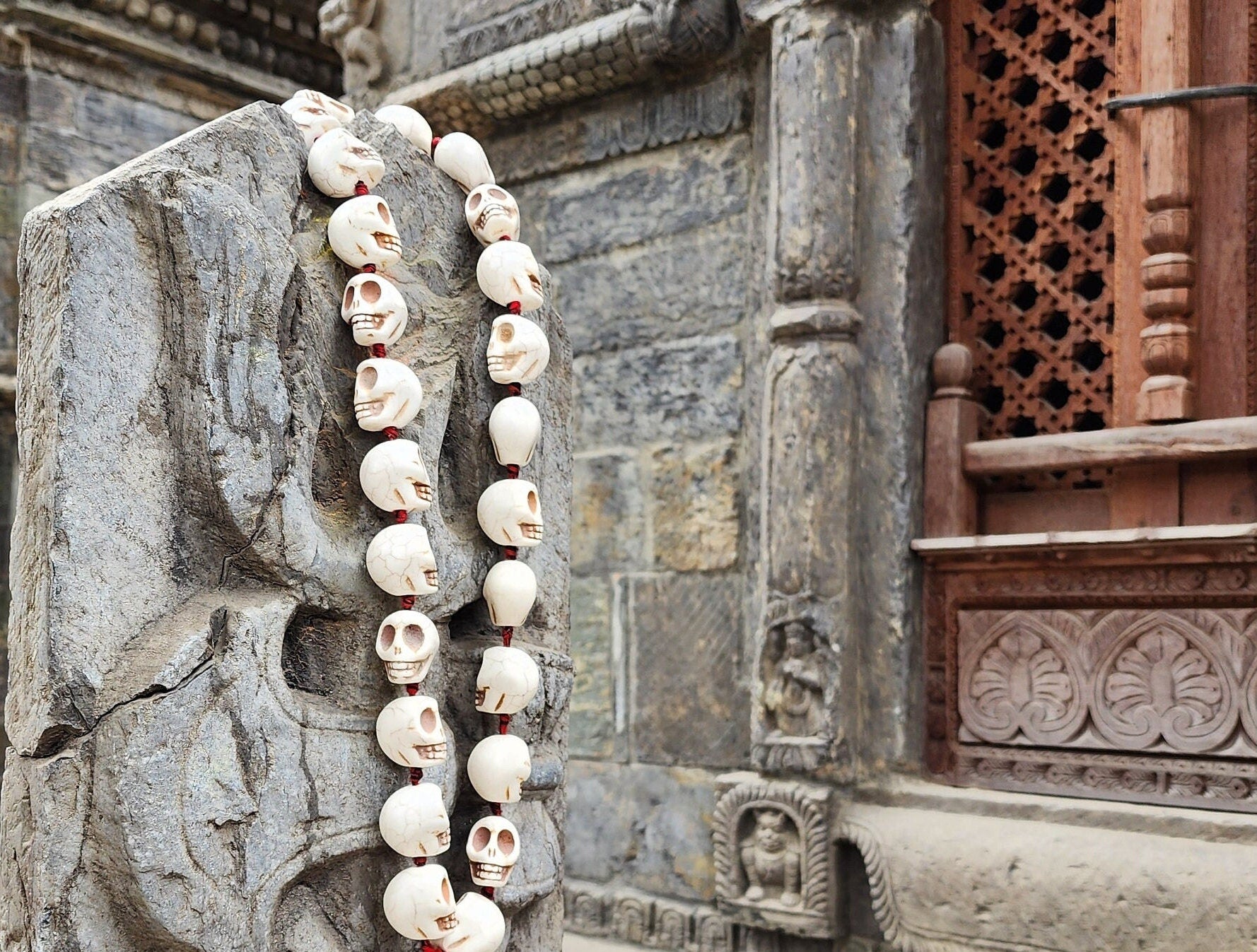 30mm Kali Skull Mala Necklace: Sacred Tantric Beads, Spiritual Protection