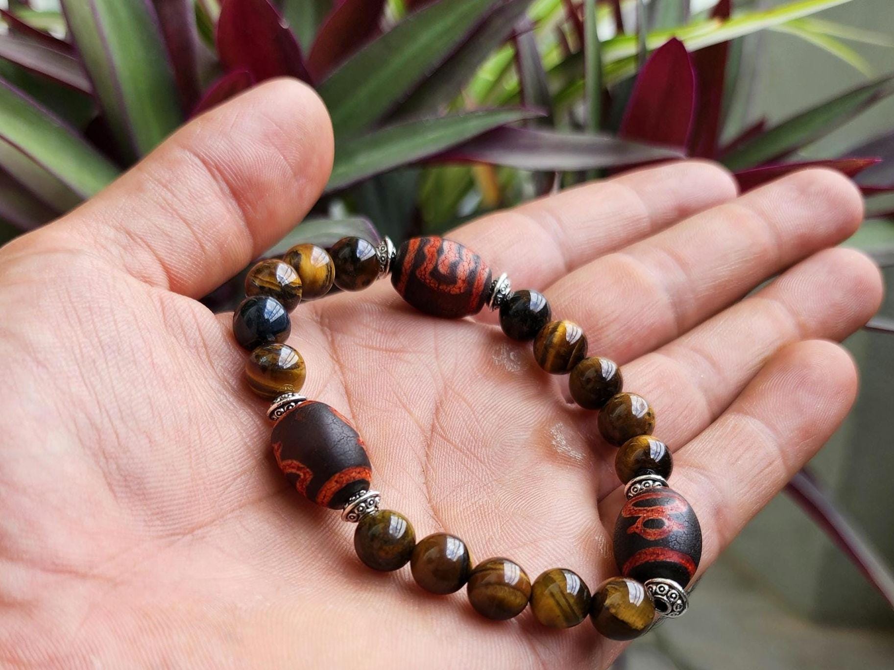 Dzi Bead & Tiger's Eye Bracelet: Tibetan Sacred Stone, Handmade