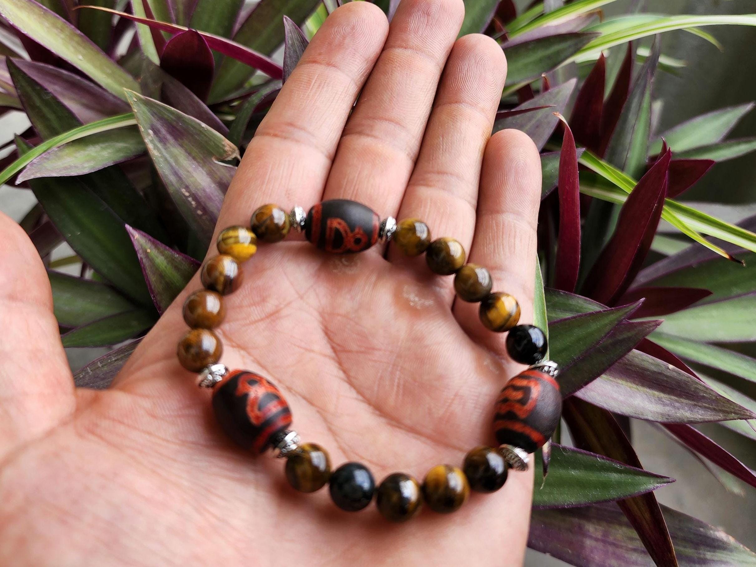 Dzi Bead & Tiger's Eye Bracelet: Tibetan Sacred Stone, Handmade