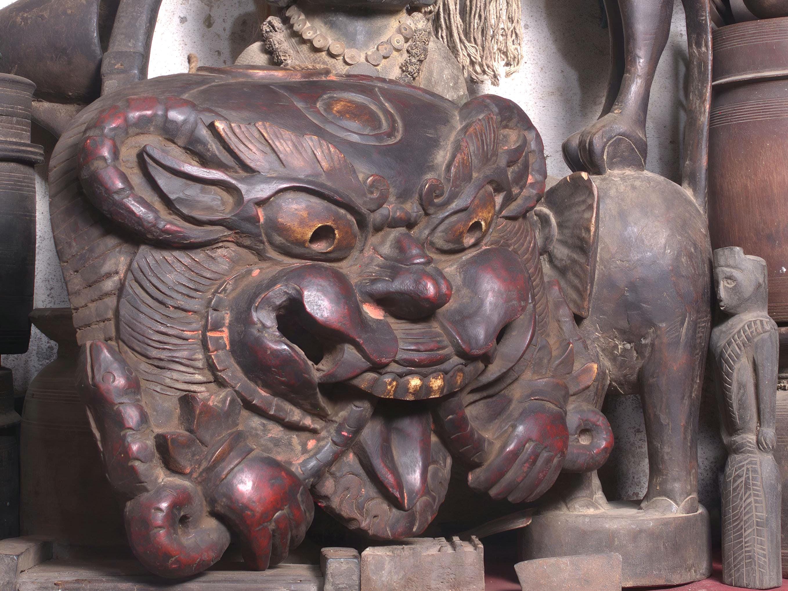 Vintage Tibetan Cheppu Mask: Hand-Carved Peepal Wood Guardian