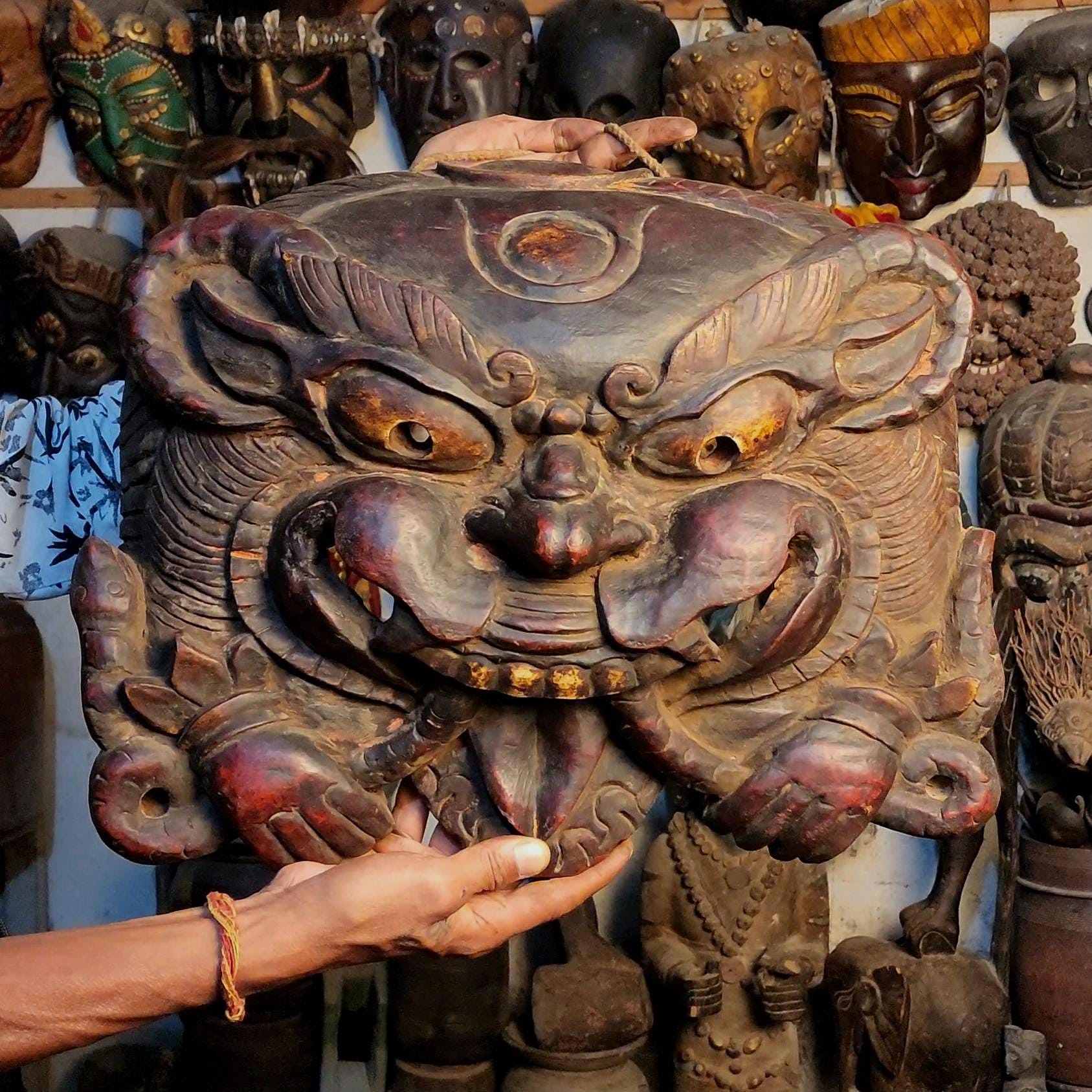Vintage Tibetan Cheppu Mask: Hand-Carved Peepal Wood Guardian