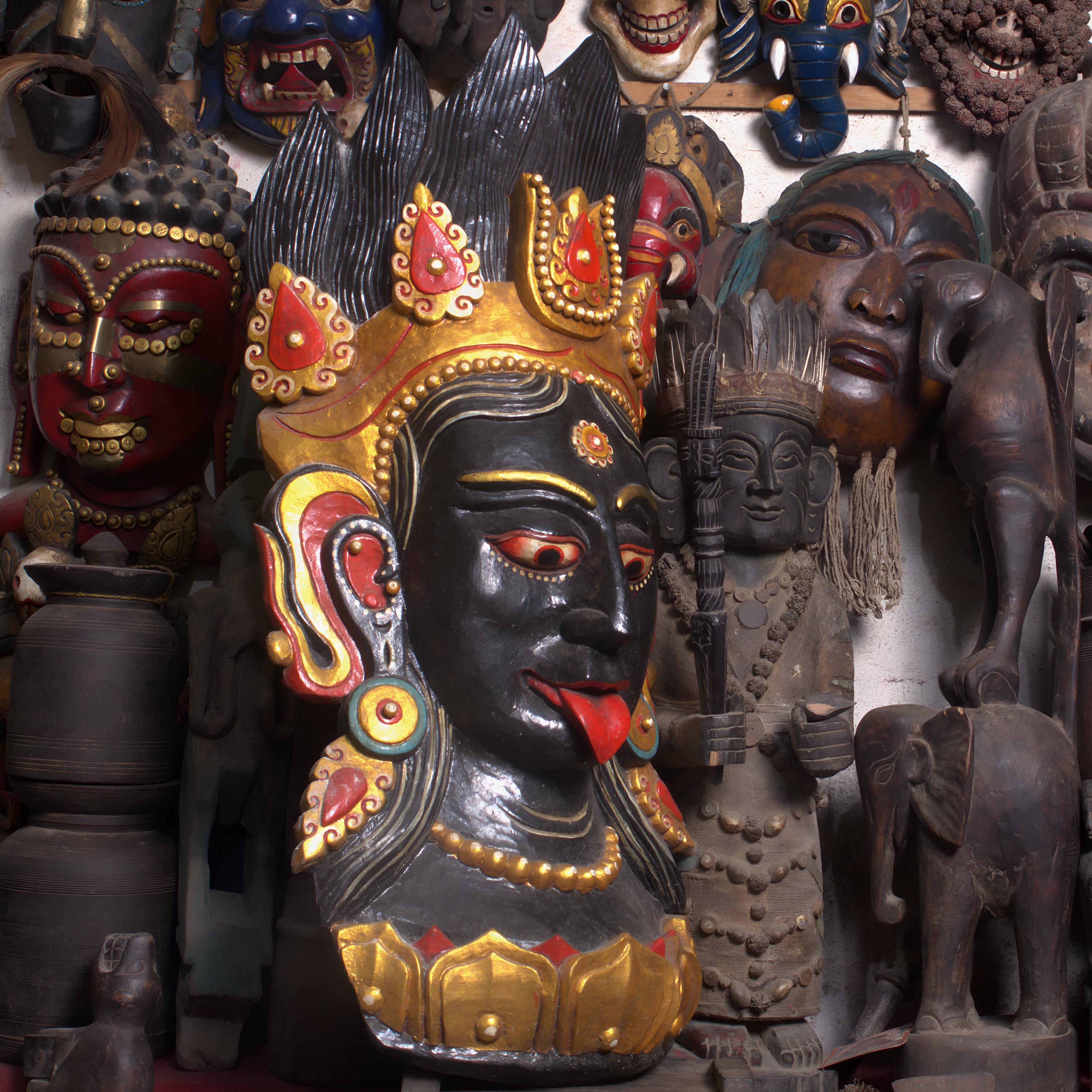 Vintage Ma Kali Wooden Mask: Sacred Hindu Wall Hanging