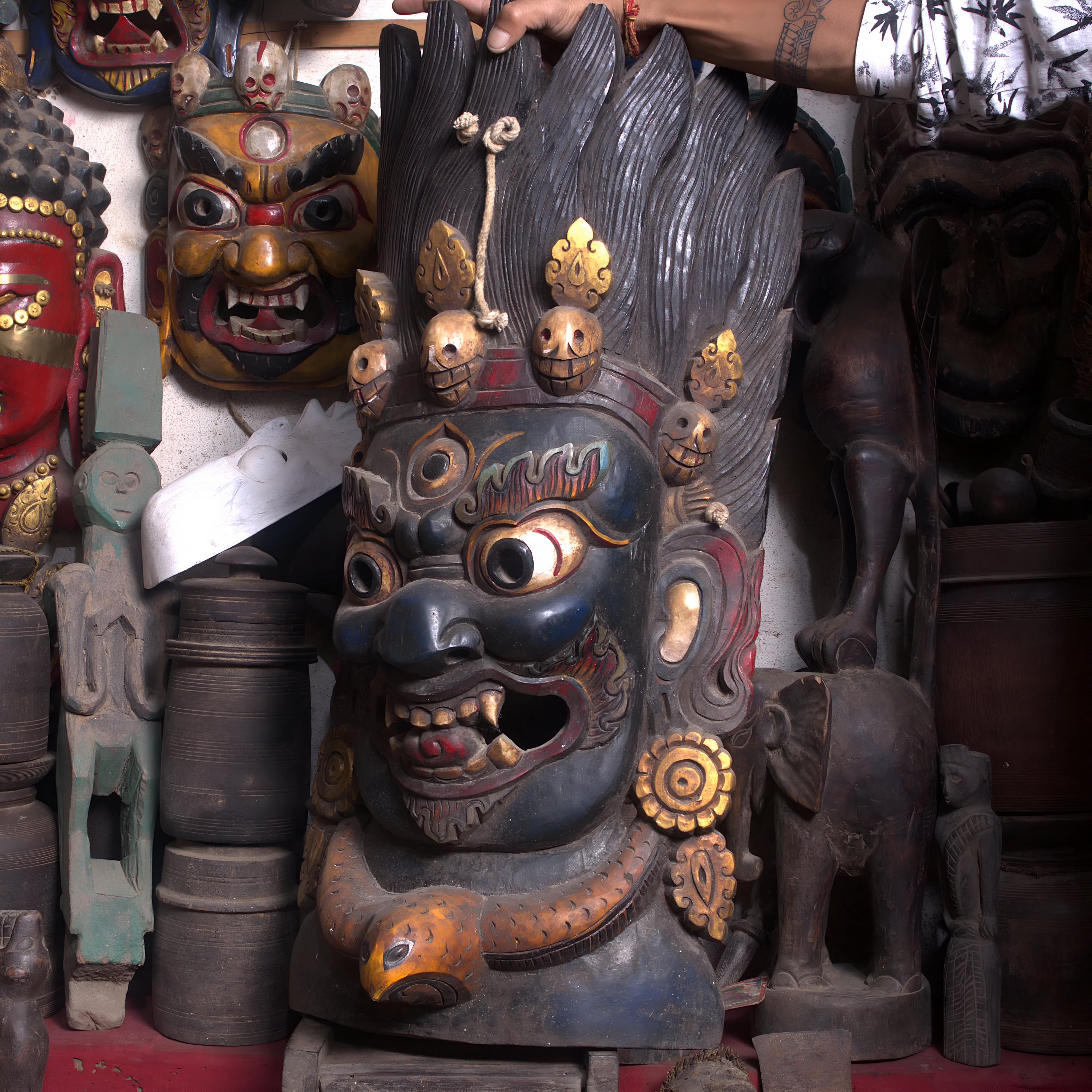 Vintage 50 Years Old Bhairav Mask, Large Antique Wood Mask, Tibetan Artistry