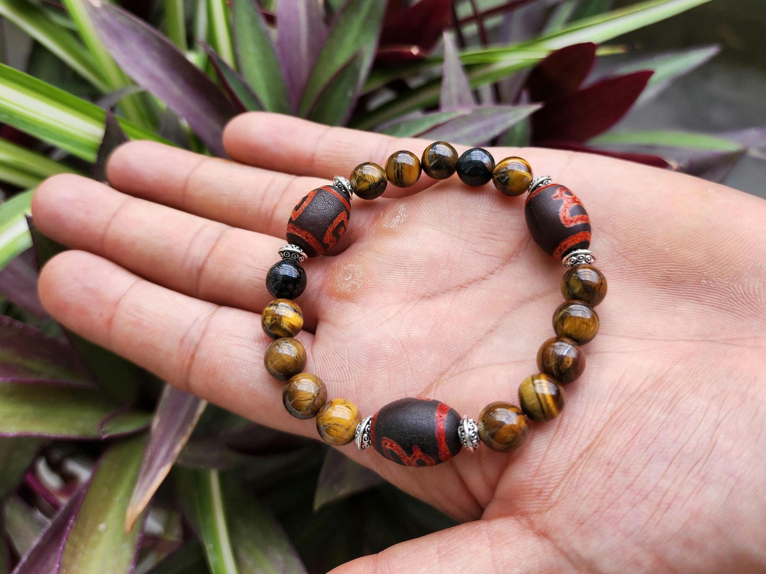 Dzi Bead & Tiger's Eye Bracelet: Tibetan Sacred Stone, Handmade