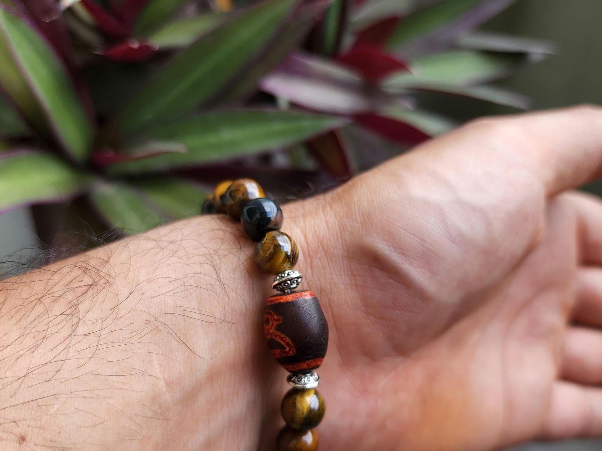 Dzi Bead & Tiger's Eye Bracelet: Tibetan Sacred Stone, Handmade