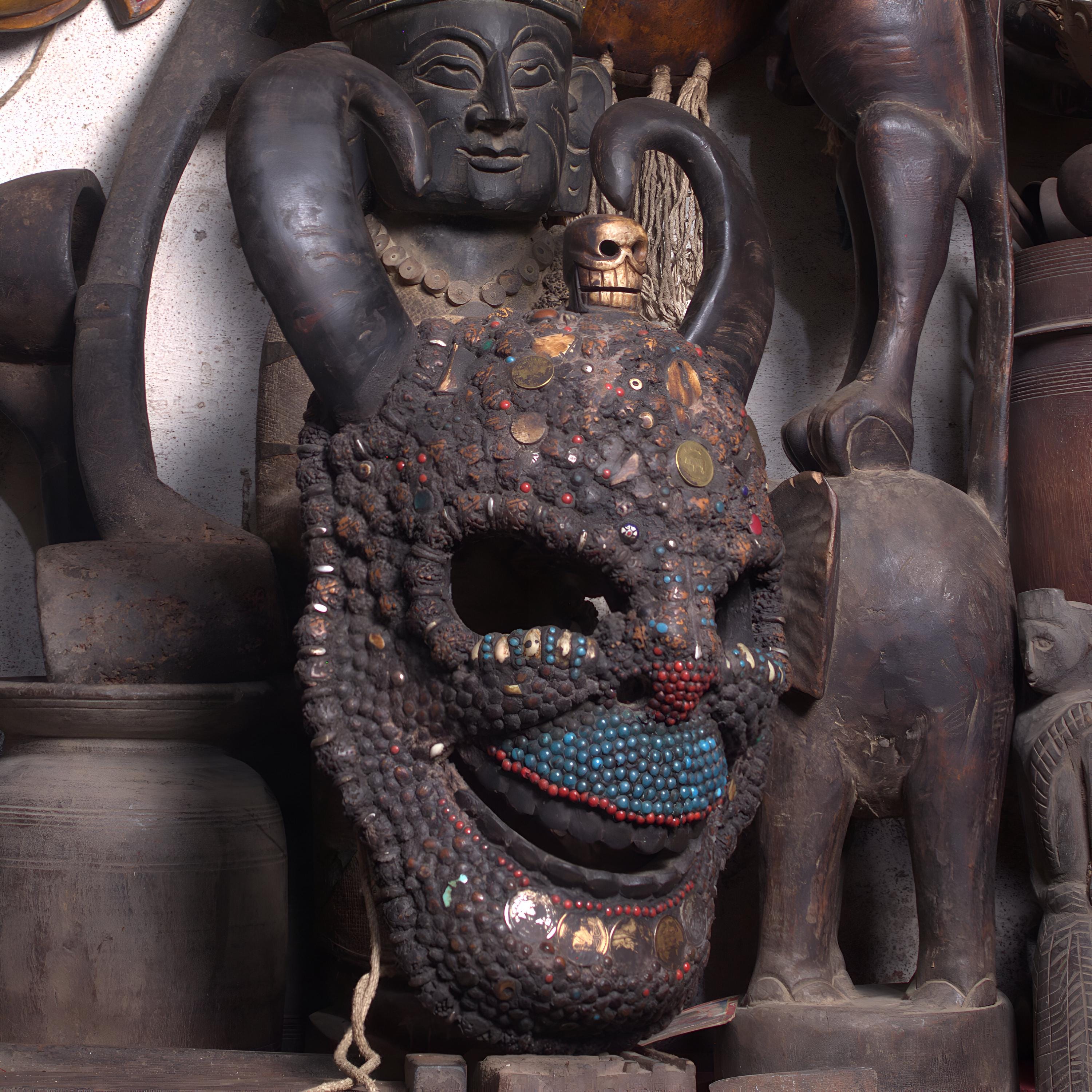 Skull Demon King Mask With Water Buffalo Horn And Natural Stones, Large 24x15 Inches Antique Wood Mask, Tibetan Artistry