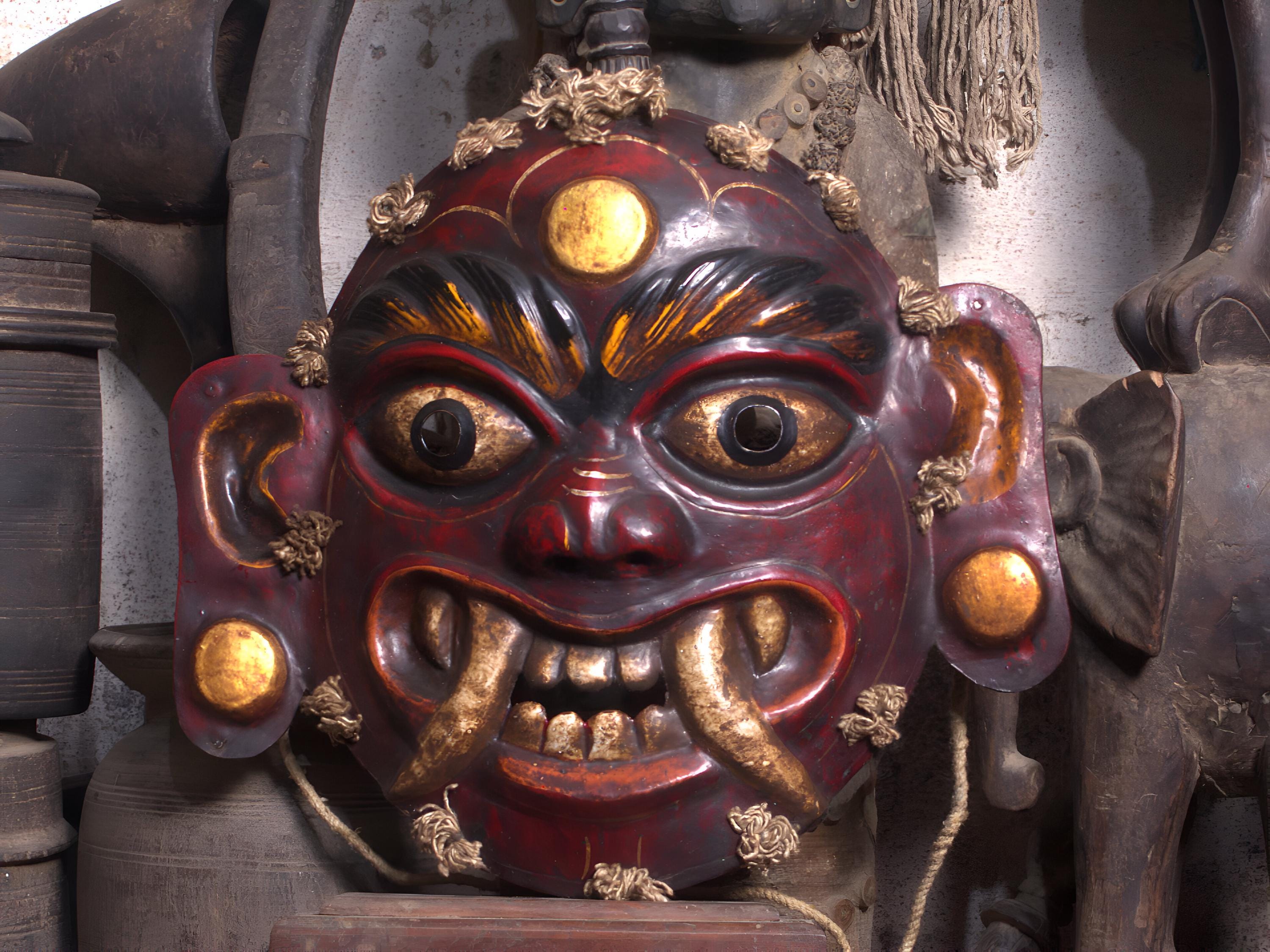 Handcrafted Metal Lakhe Mask: Nepalese Spiritual Art, Home Decor (12x14 Inches)