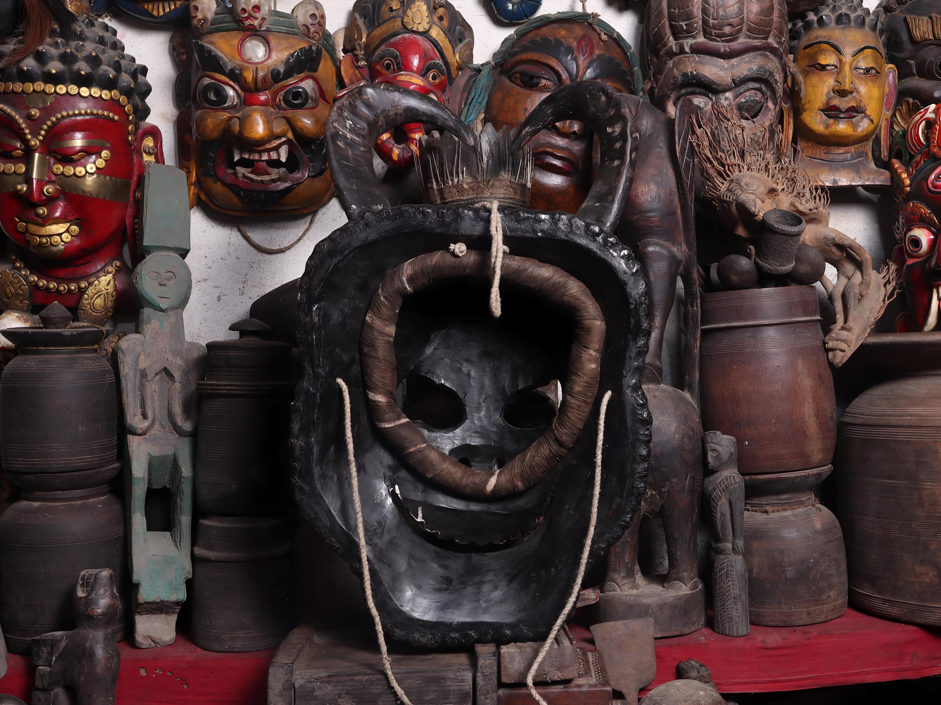 White Demon Skull Mask – Tibetan Hand Carved Art With Buffalo Horns, Large 29x16 Inches Wall Decor