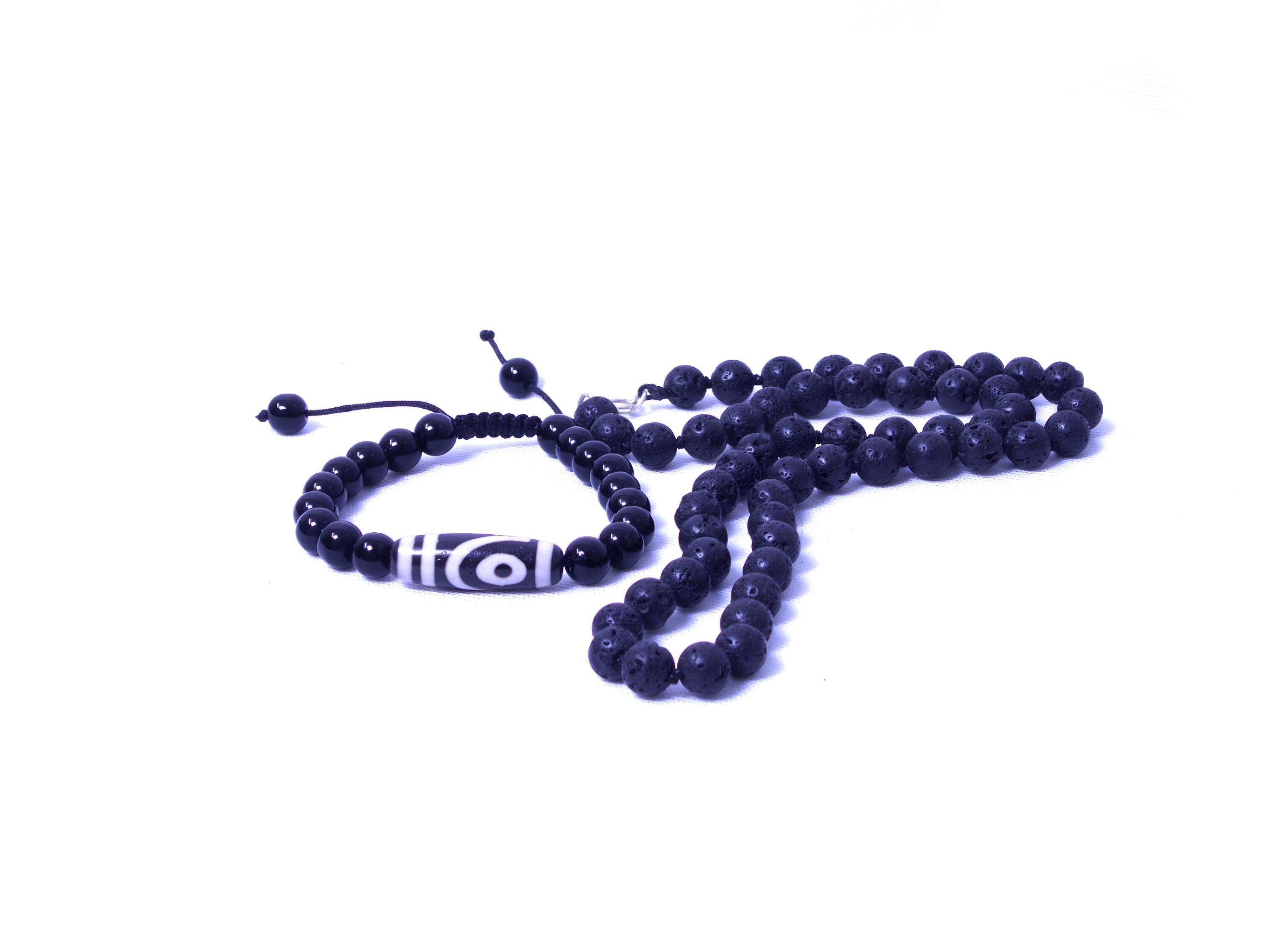 Hand Knotted Gemstone Necklace and Bracelet Set: Lava & Dzi Beads