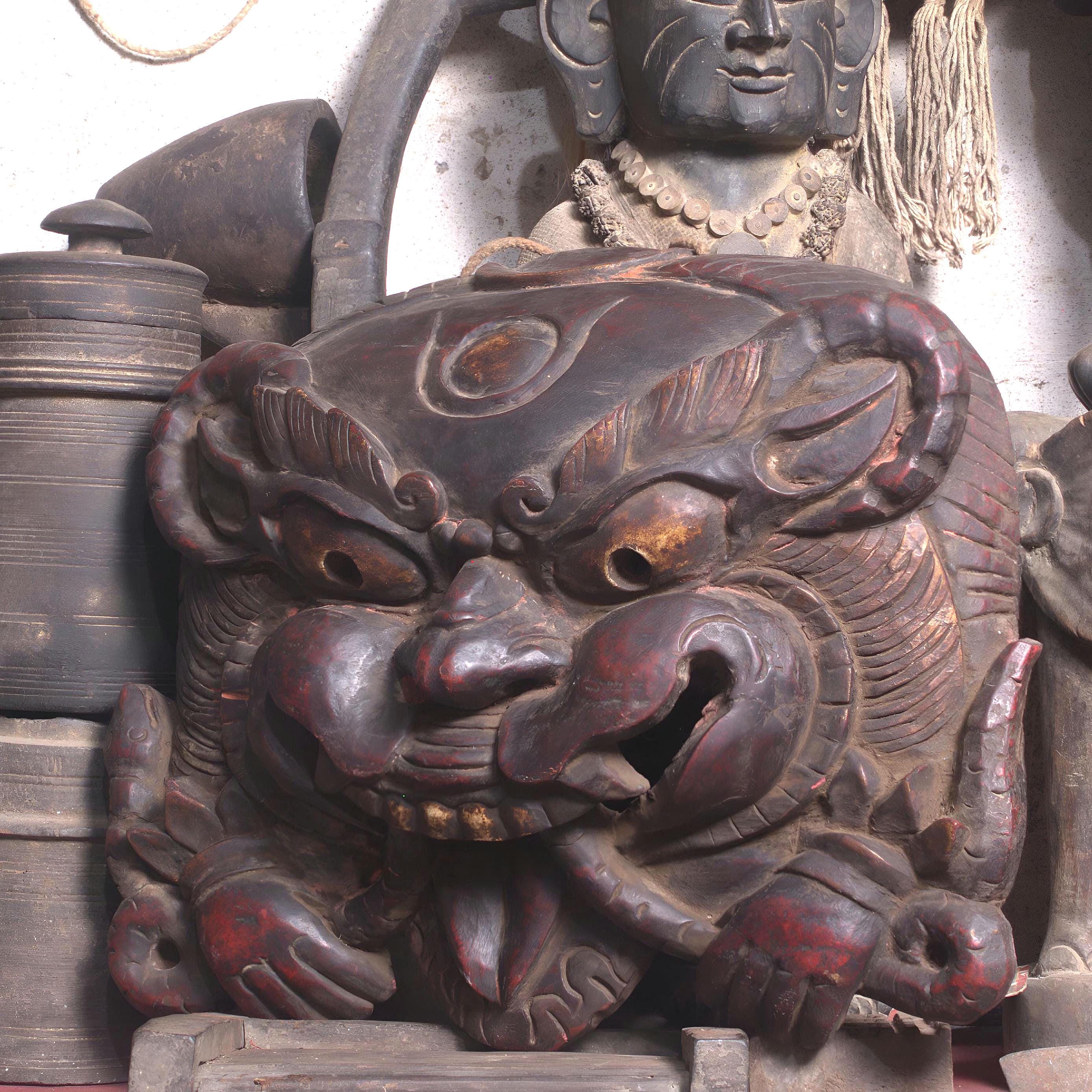 Vintage Tibetan Cheppu Mask: Hand-Carved Peepal Wood Guardian