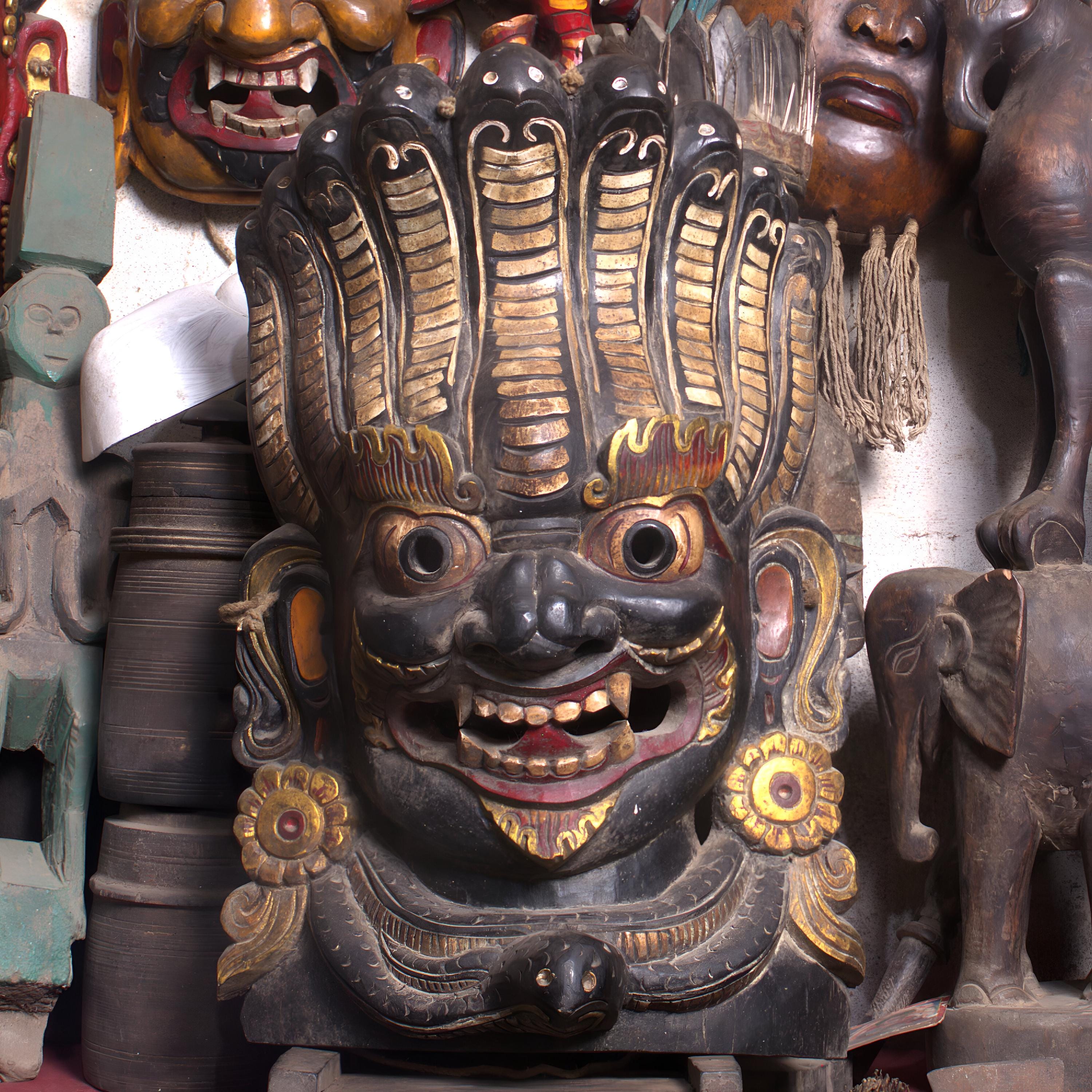 Large Naag Bhairav Wood Mask: Nepalese Hand-Carved Wall Art