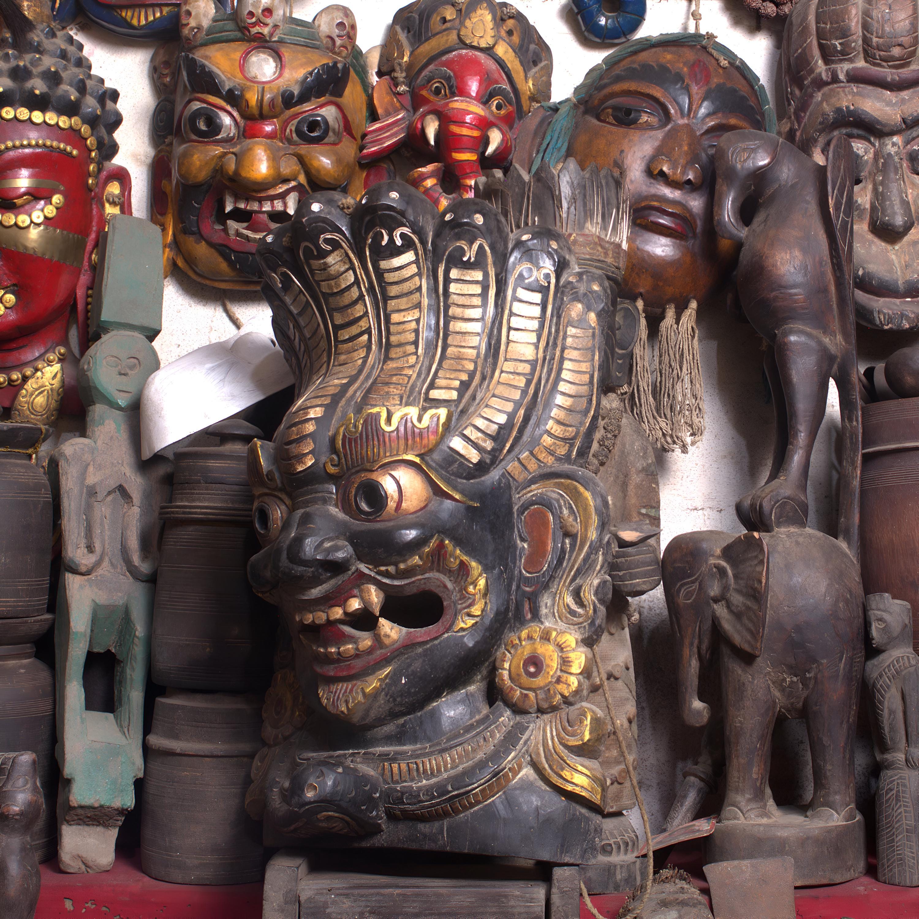 Large Naag Bhairav Wood Mask: Nepalese Hand-Carved Wall Art
