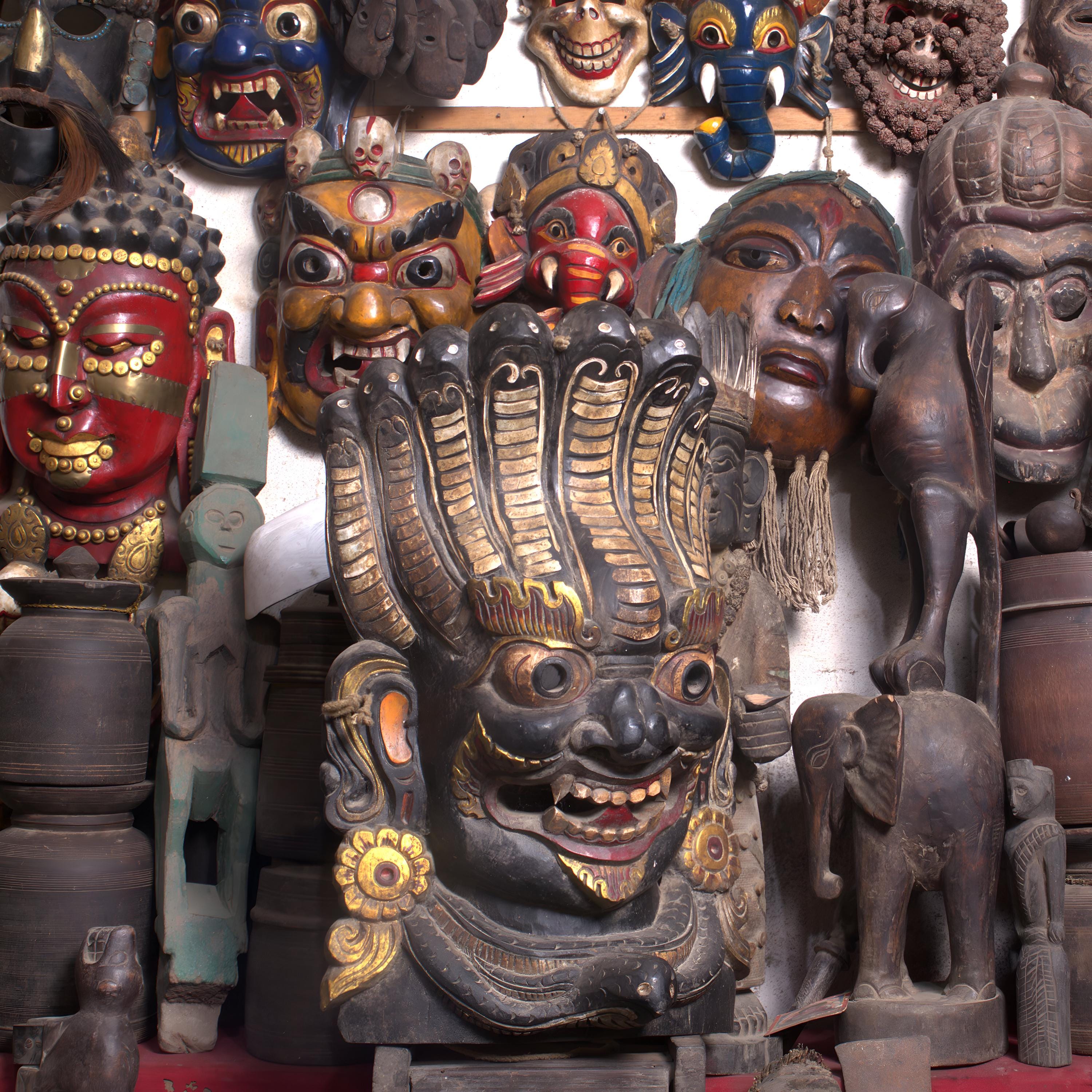 Large Naag Bhairav Wood Mask: Nepalese Hand-Carved Wall Art
