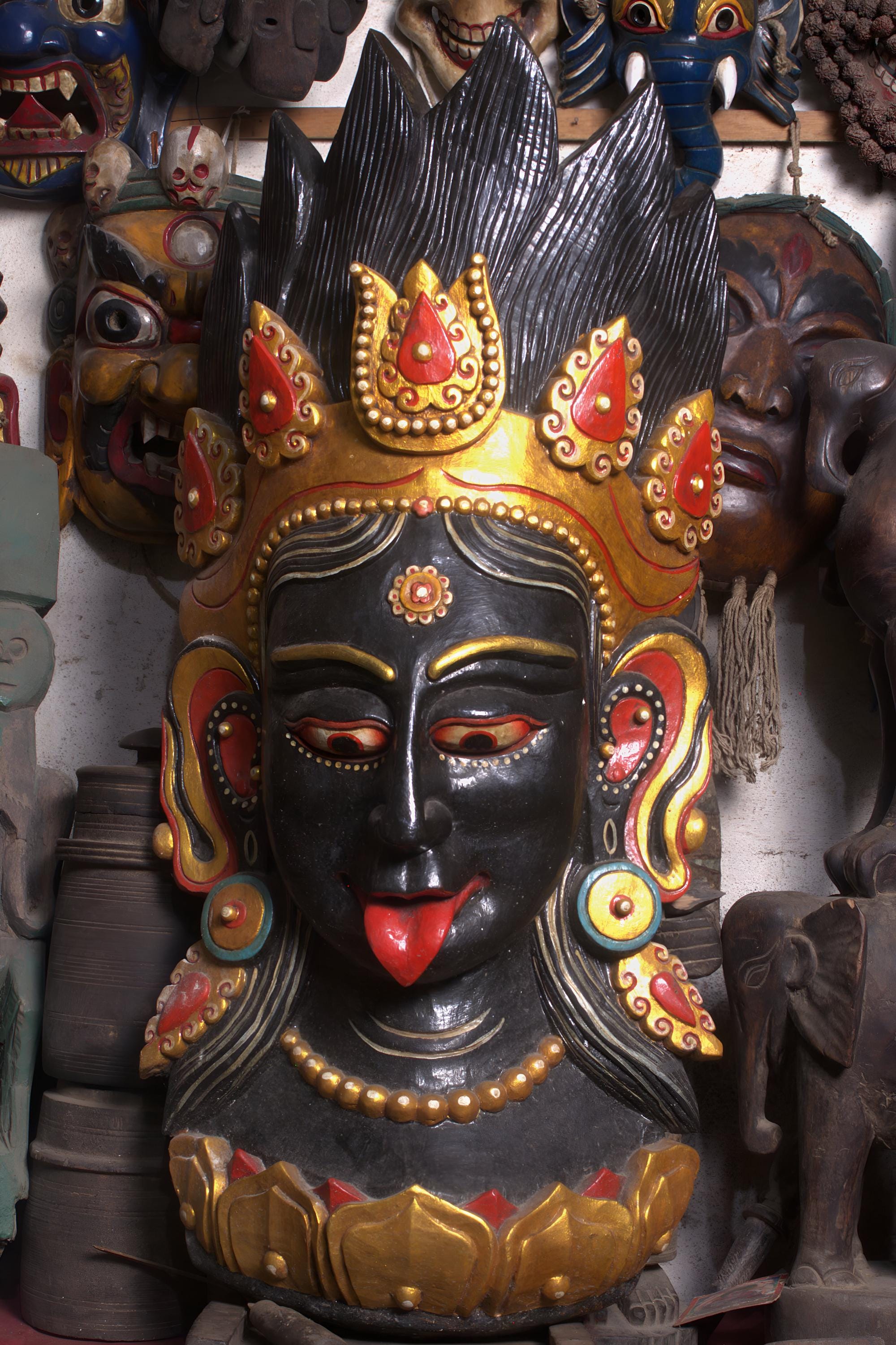 Vintage Ma Kali Wooden Mask: Sacred Hindu Wall Hanging