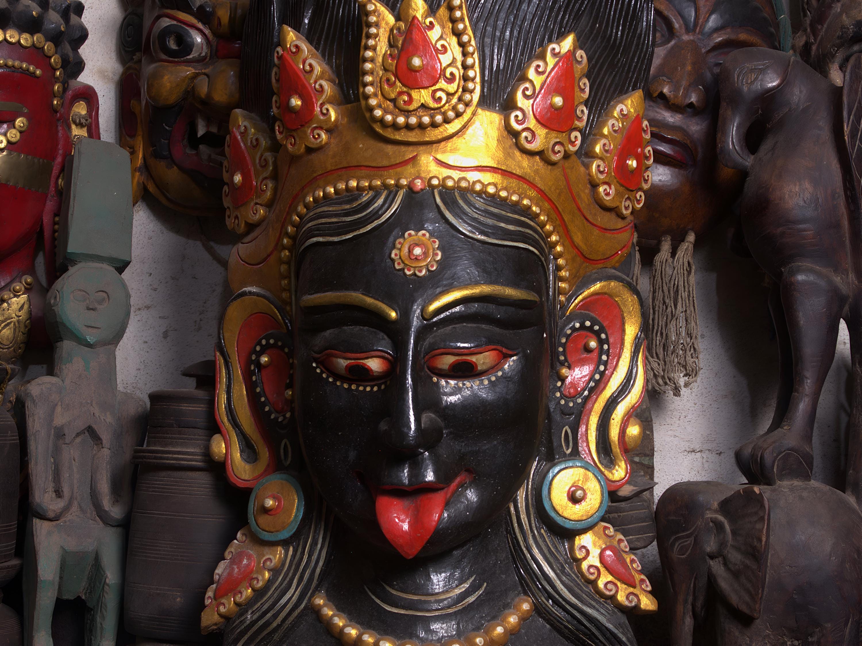 Vintage Ma Kali Wooden Mask: Sacred Hindu Wall Hanging