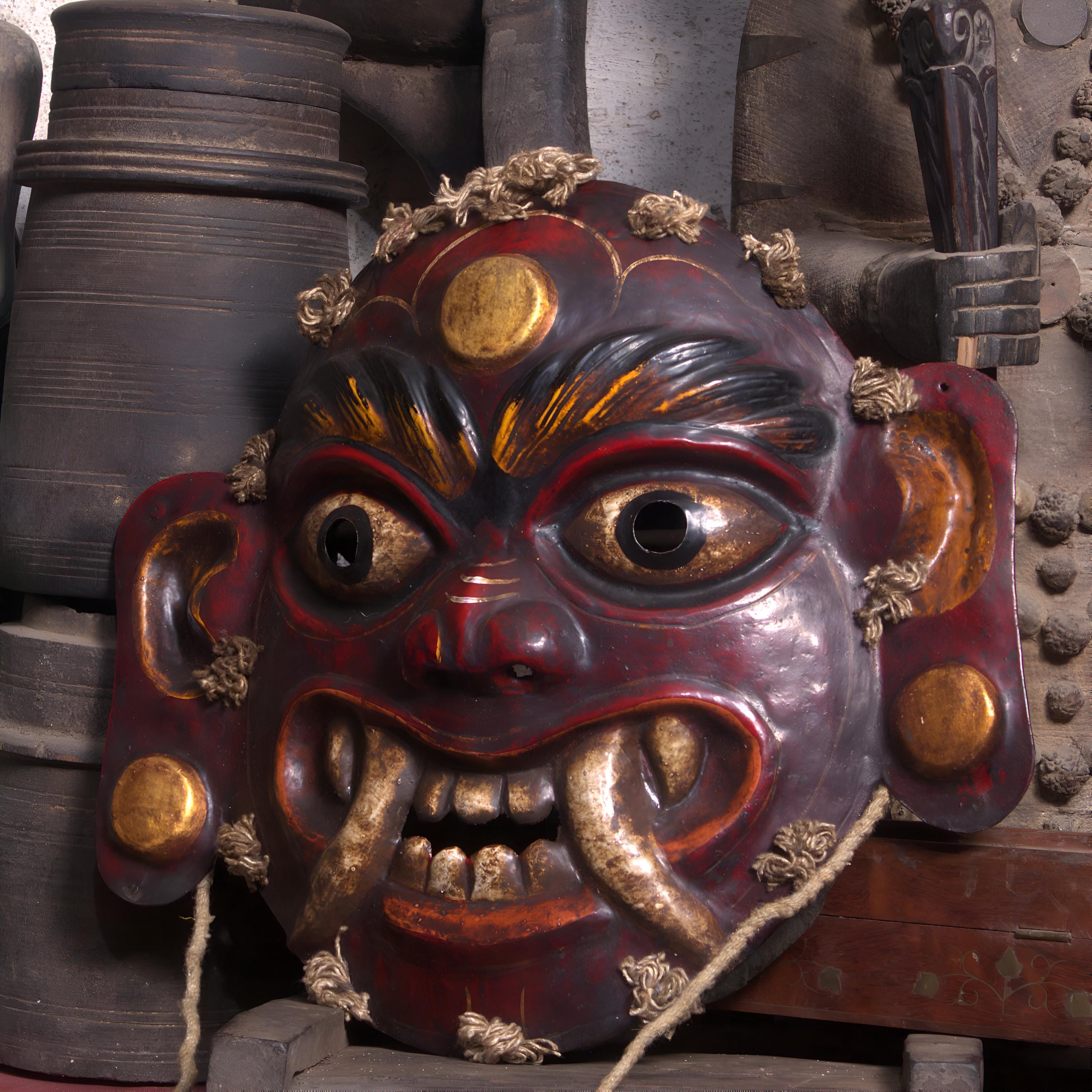 Handcrafted Metal Lakhe Mask: Nepalese Spiritual Art, Home Decor (12x14 Inches)