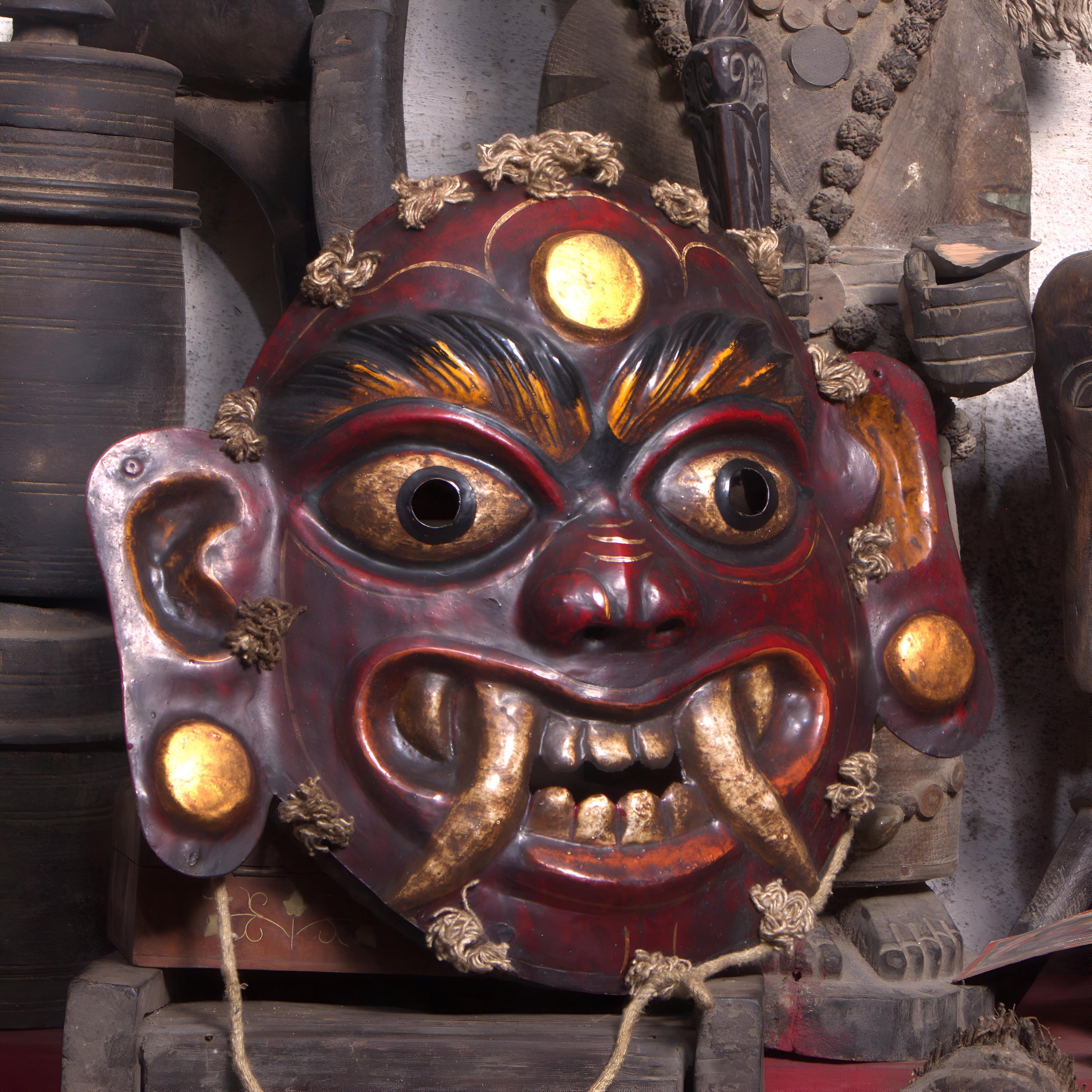 Handcrafted Metal Lakhe Mask: Nepalese Spiritual Art, Home Decor (12x14 Inches)