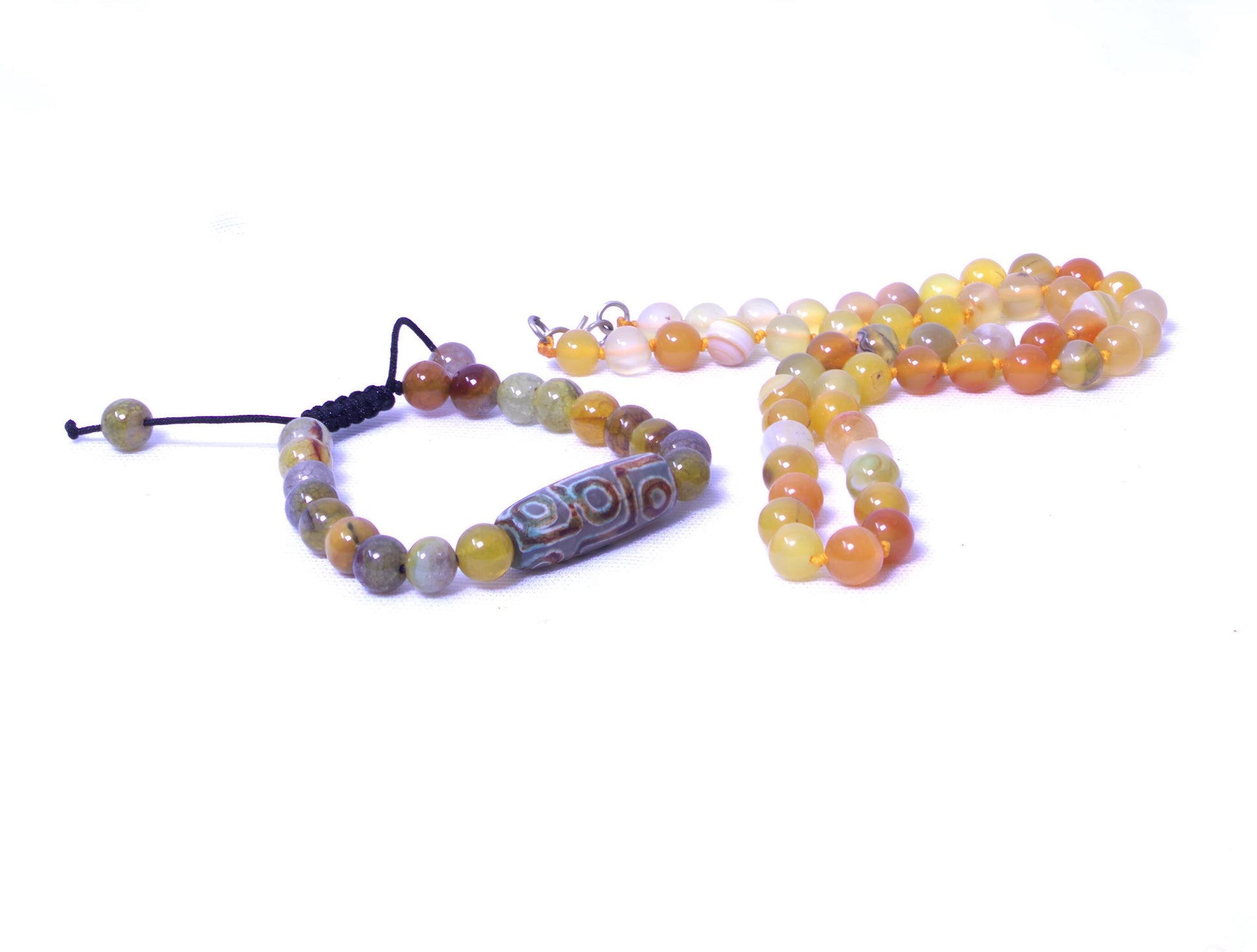 Hand Knotted Gemstone Necklace and Bracelet Set: Lava & Dzi Beads