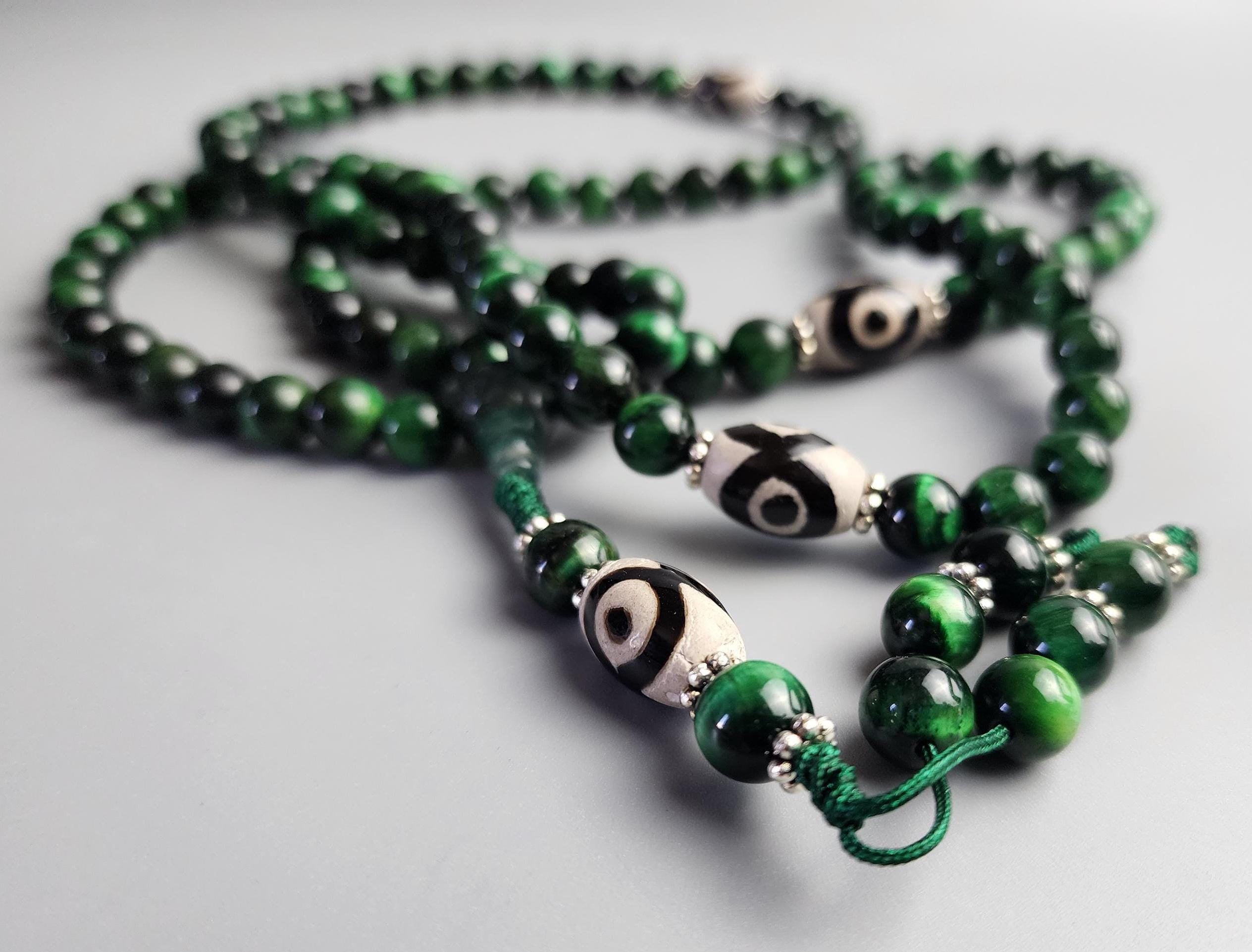 Green Tiger Eye Mala: Tibetan Dzi Bead Necklace, Evil Eye Protection