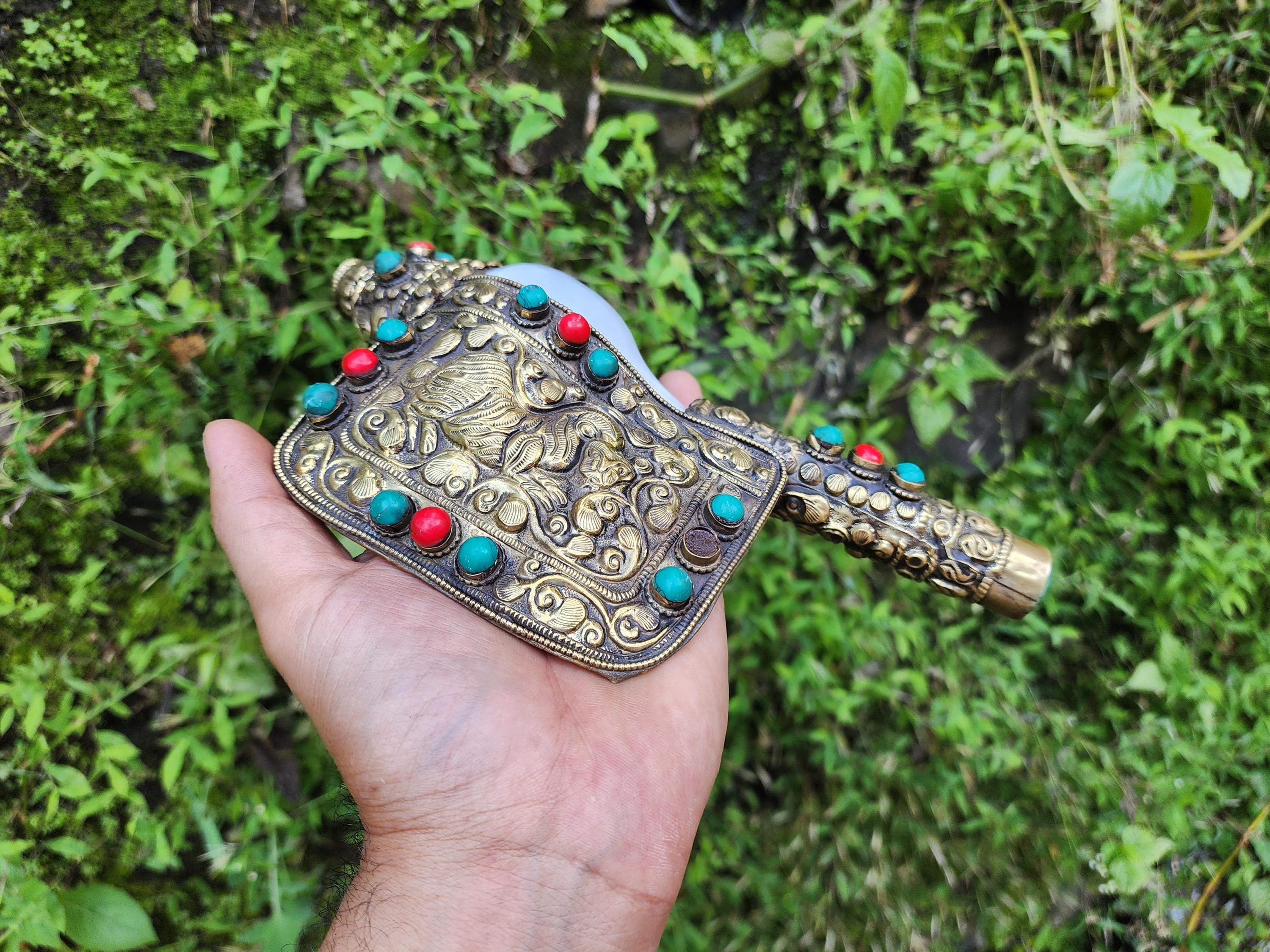 Tibetan Vajra Conch Shell – Sacred Blowing Sankha With Intricate Handcrafted Artistry