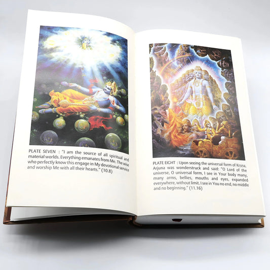 Open book featuring two colorful spiritual illustrations of Lord Krishna.