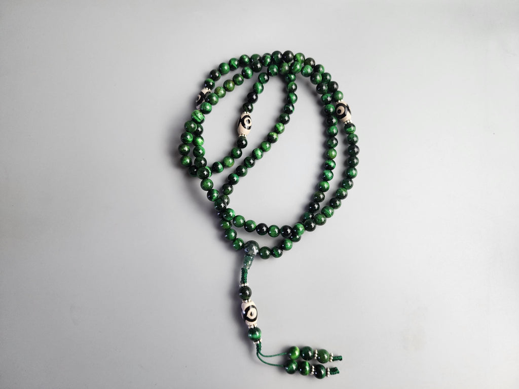 Green Tiger Eye And Tibetan Dzi Bead Necklace, Evil Eye Protection