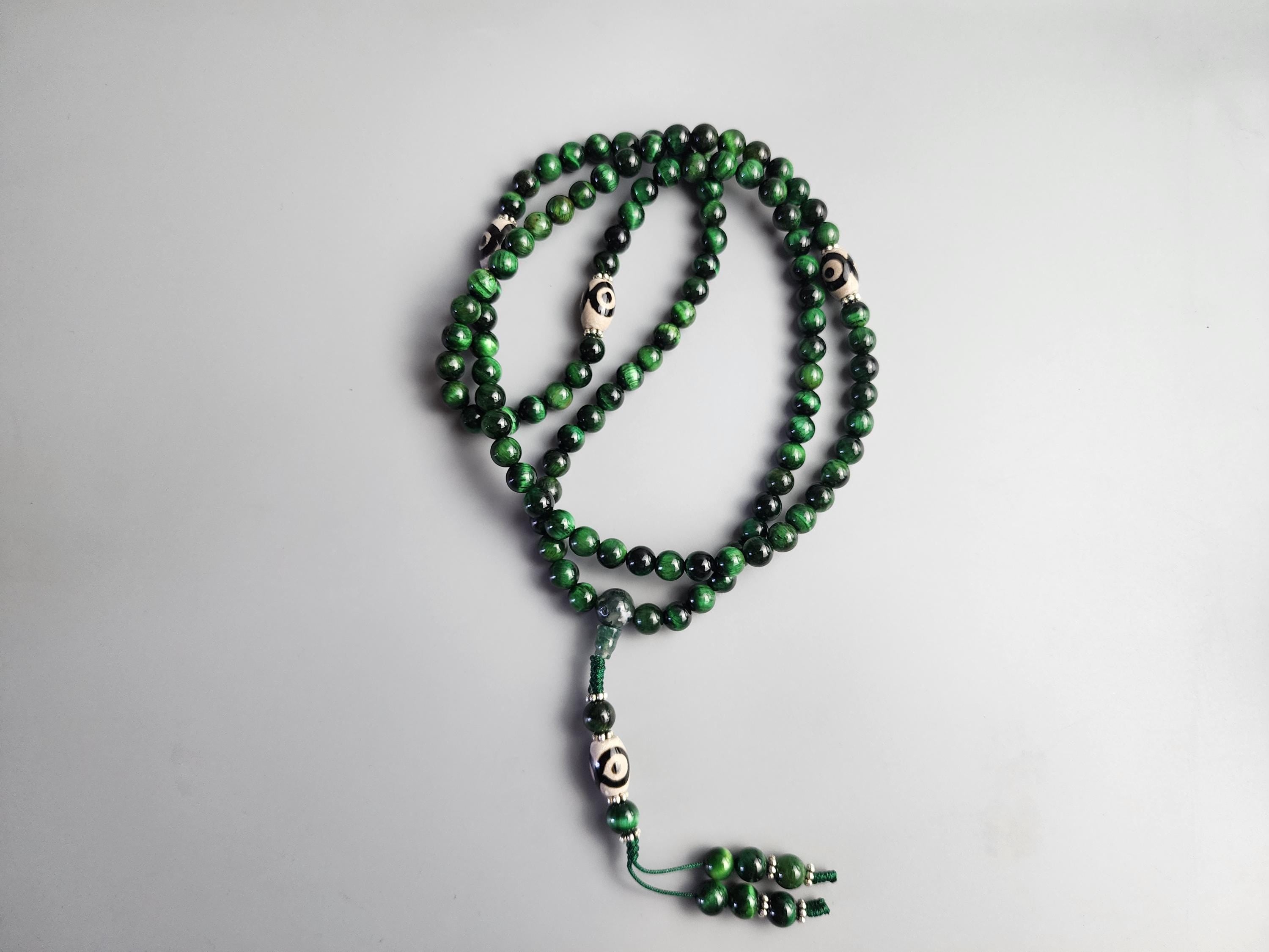 Green Tiger Eye And Tibetan Dzi Bead Necklace, Evil Eye Protection