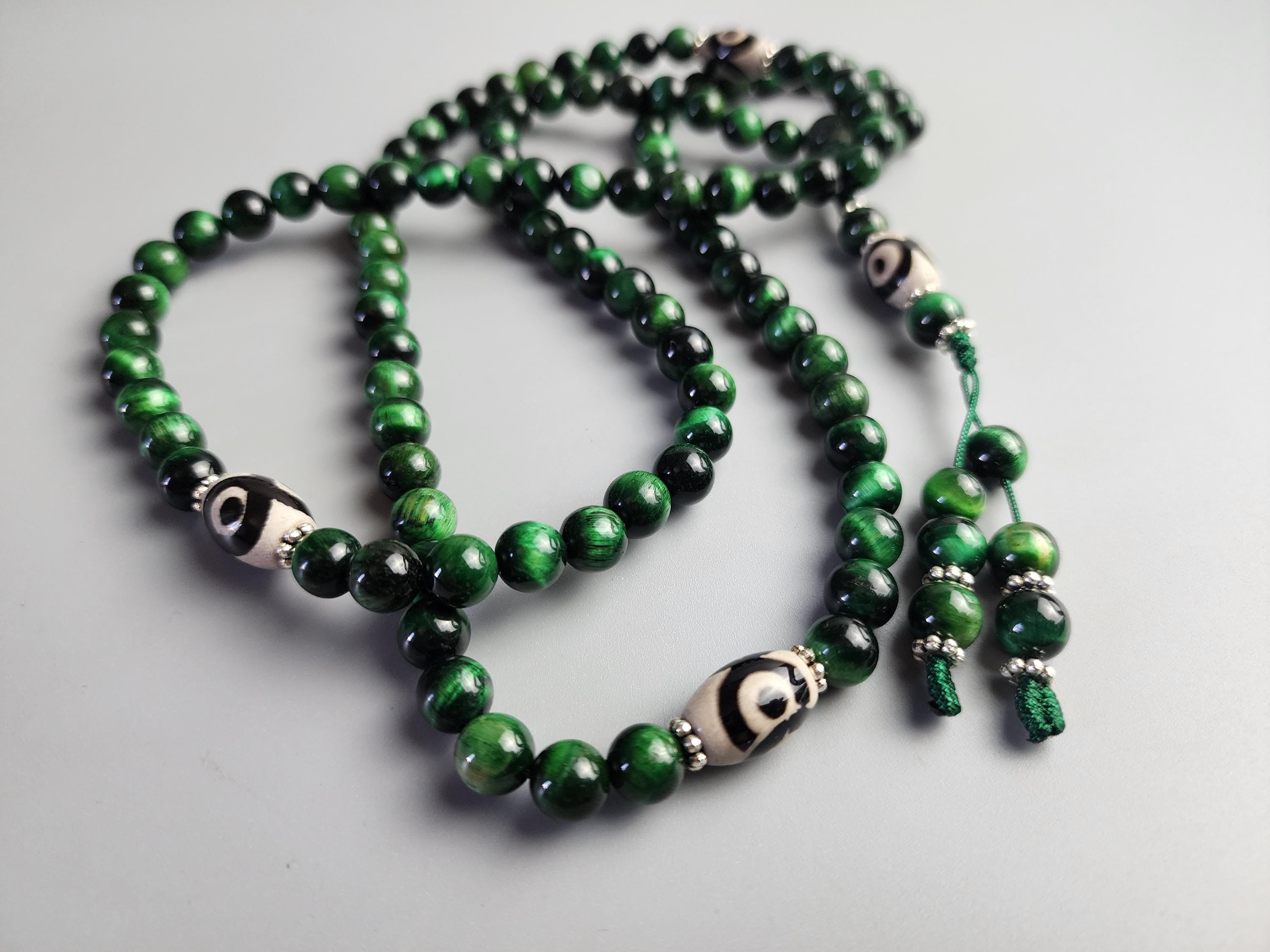 Green Tiger Eye Mala: Tibetan Dzi Bead Necklace, Evil Eye Protection