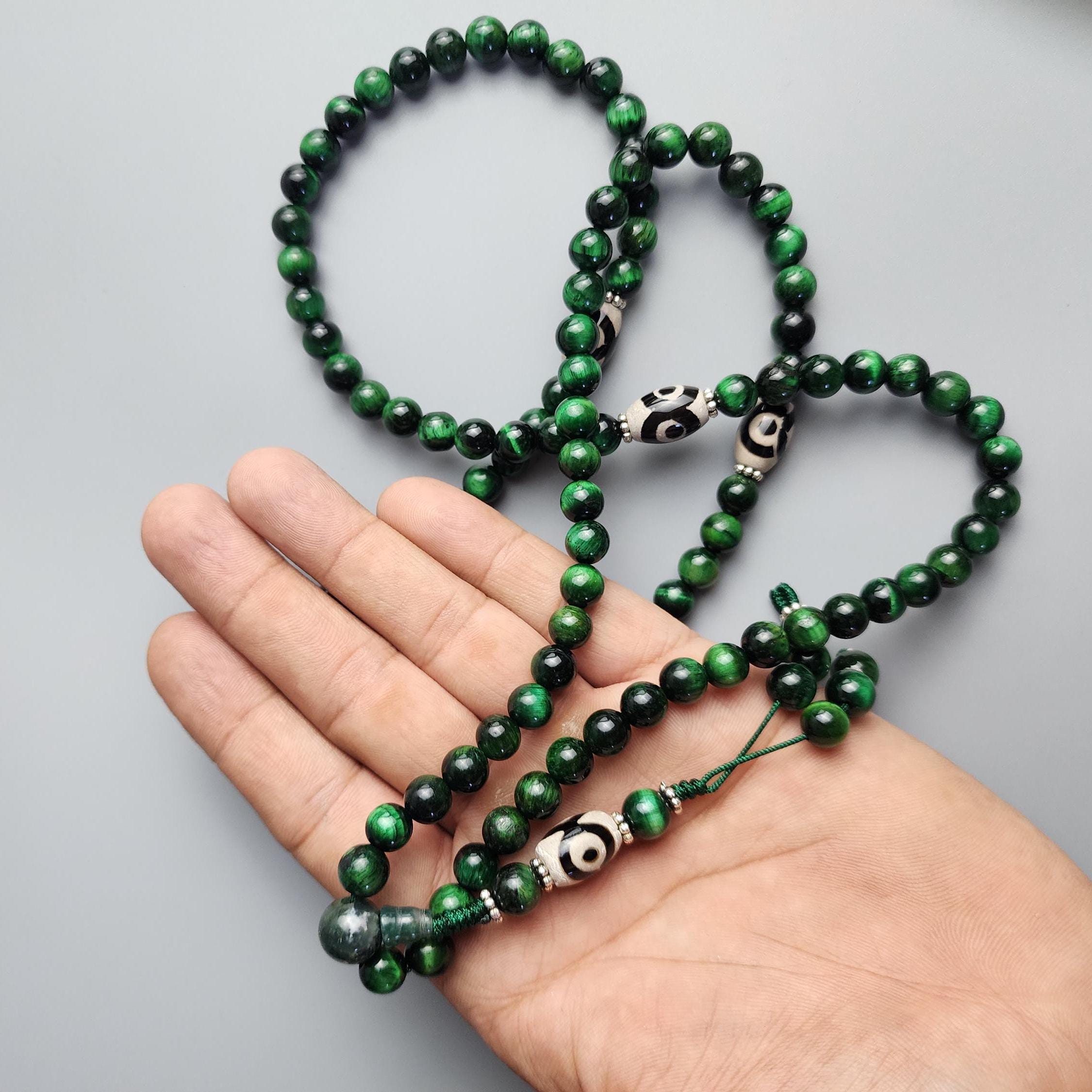 Green Tiger Eye Mala: Tibetan Dzi Bead Necklace, Evil Eye Protection