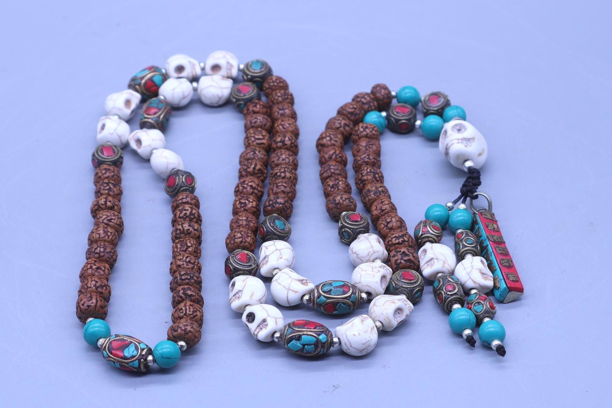Tibetan Rudraksha Seed Mala: Howlite Skull Beads, Om Mani Padme Hum Tassel